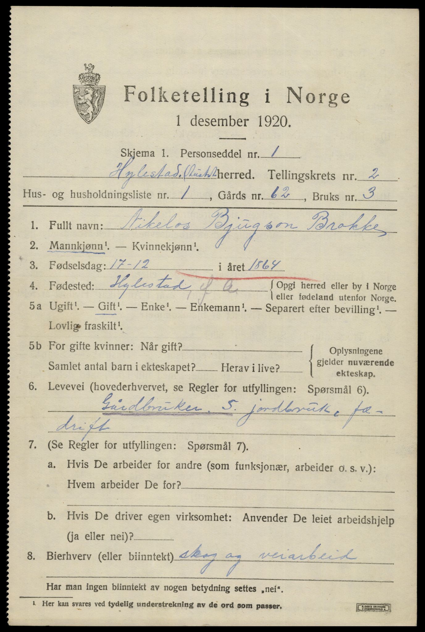 SAK, 1920 census for Hylestad, 1920, p. 462