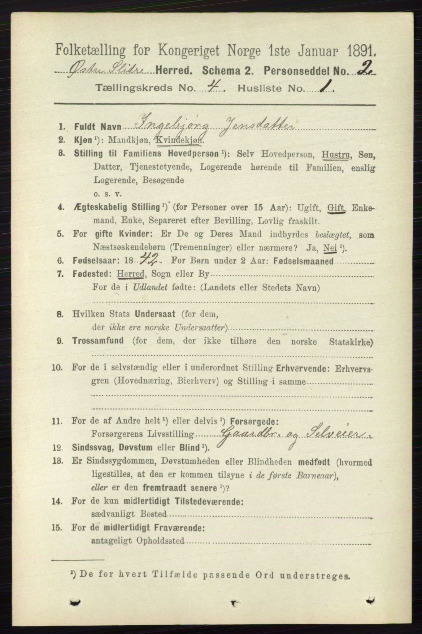 RA, 1891 census for 0544 Øystre Slidre, 1891, p. 1204