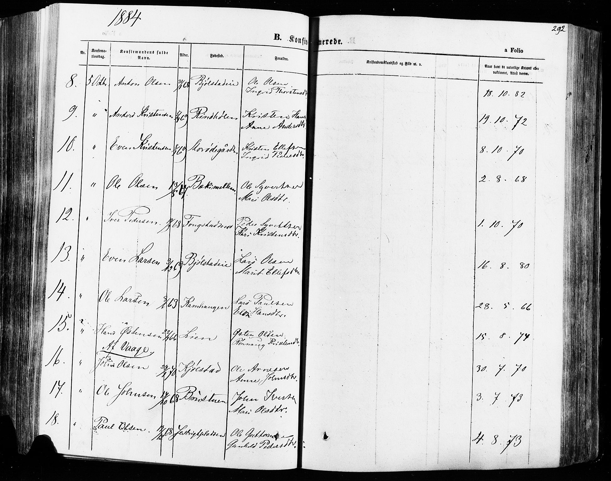 Vågå prestekontor, SAH/PREST-076/H/Ha/Haa/L0007: Parish register (official) no. 7 /1, 1872-1886, p. 292