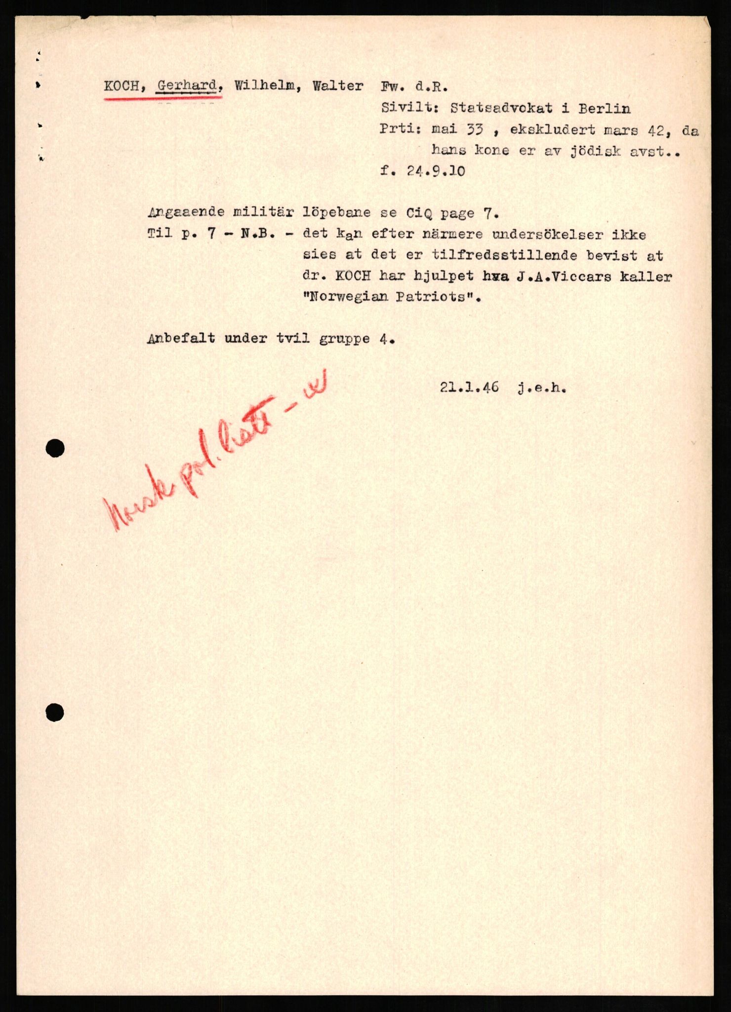 Forsvaret, Forsvarets overkommando II, RA/RAFA-3915/D/Db/L0017: CI Questionaires. Tyske okkupasjonsstyrker i Norge. Tyskere., 1945-1946, p. 352