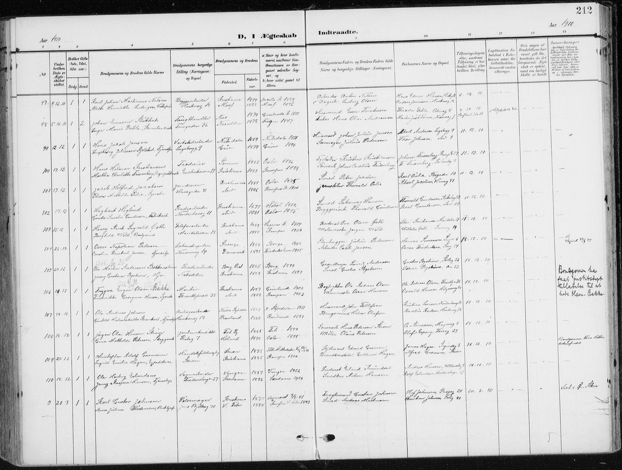 Kampen prestekontor Kirkebøker, AV/SAO-A-10853/F/Fa/L0011: Parish register (official) no. I 11, 1907-1917, p. 212