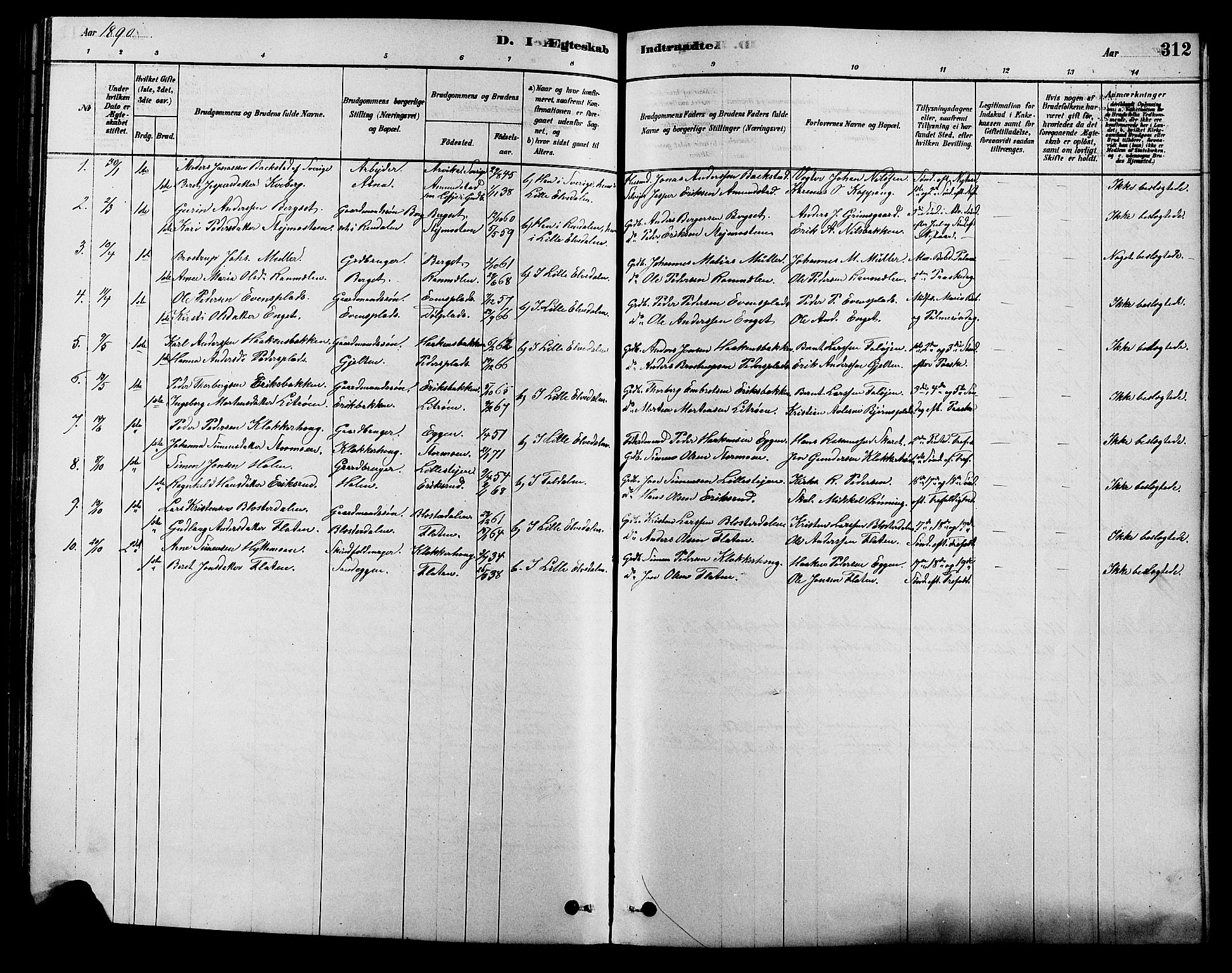 Alvdal prestekontor, SAH/PREST-060/H/Ha/Hab/L0003: Parish register (copy) no. 3, 1878-1907, p. 312