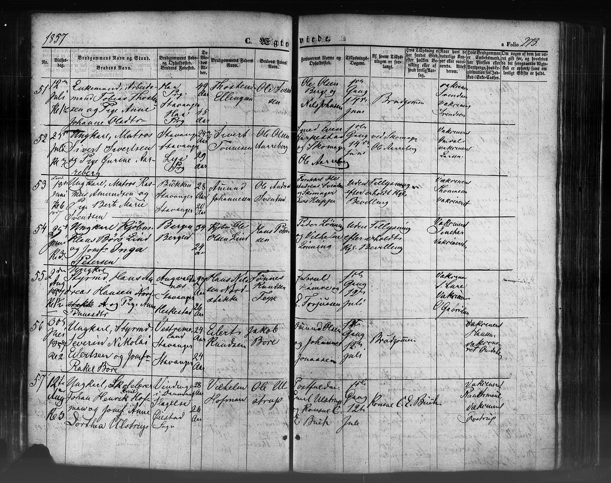 Domkirken sokneprestkontor, AV/SAST-A-101812/001/30/30BB/L0009: Parish register (copy) no. B 9, 1850-1858, p. 273