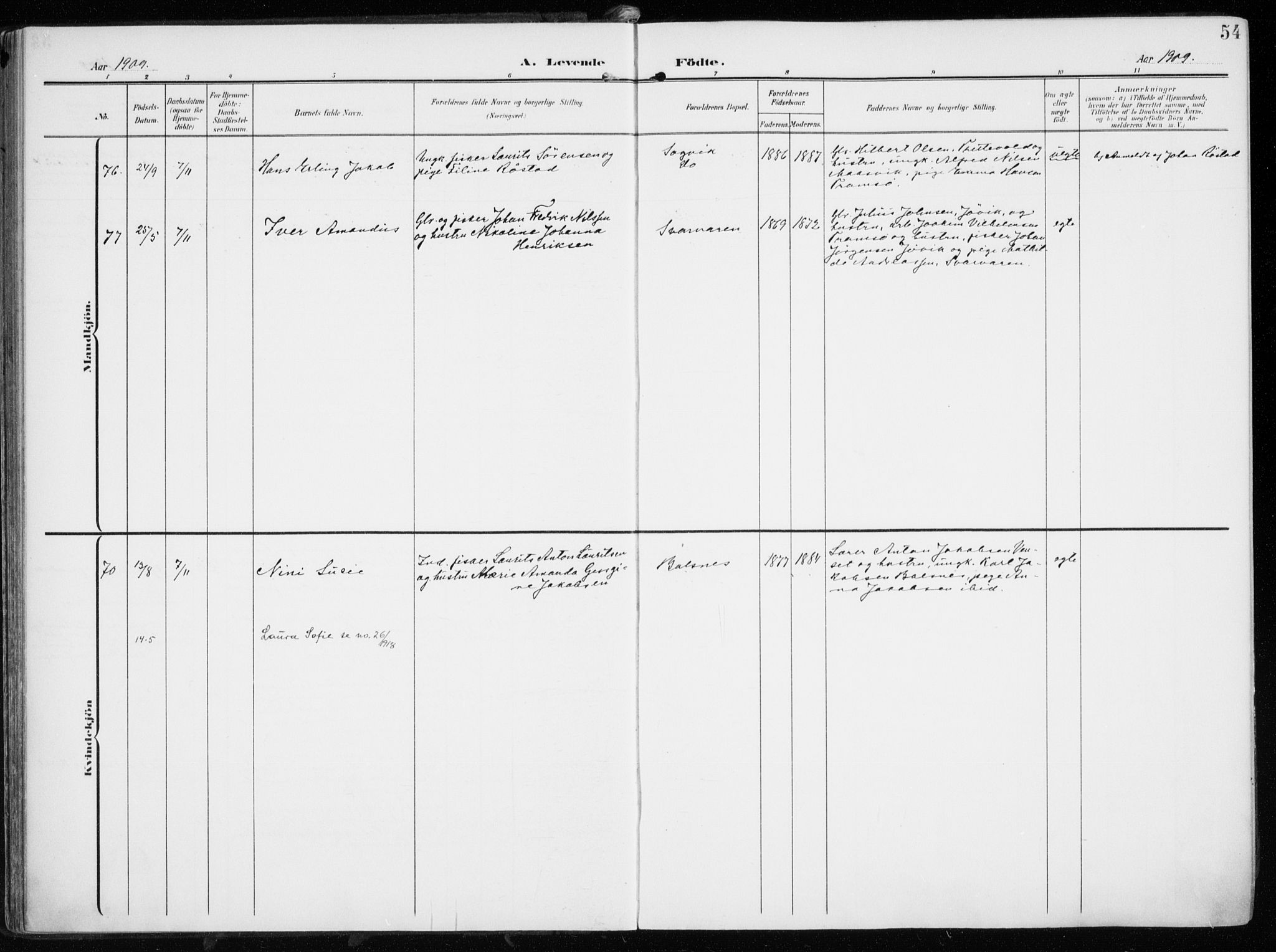 Tromsøysund sokneprestkontor, AV/SATØ-S-1304/G/Ga/L0007kirke: Parish register (official) no. 7, 1907-1914, p. 54