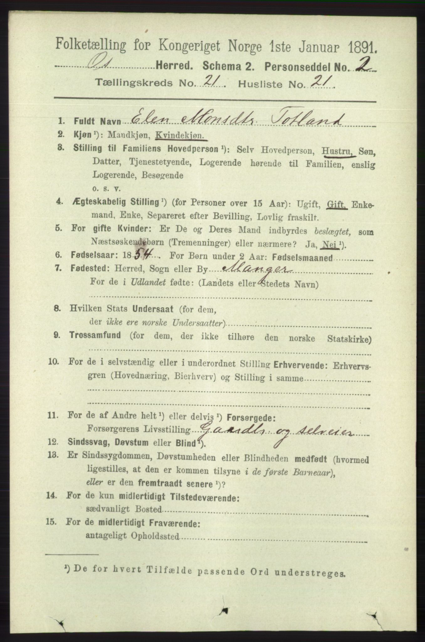 RA, 1891 census for 1243 Os, 1891, p. 4985