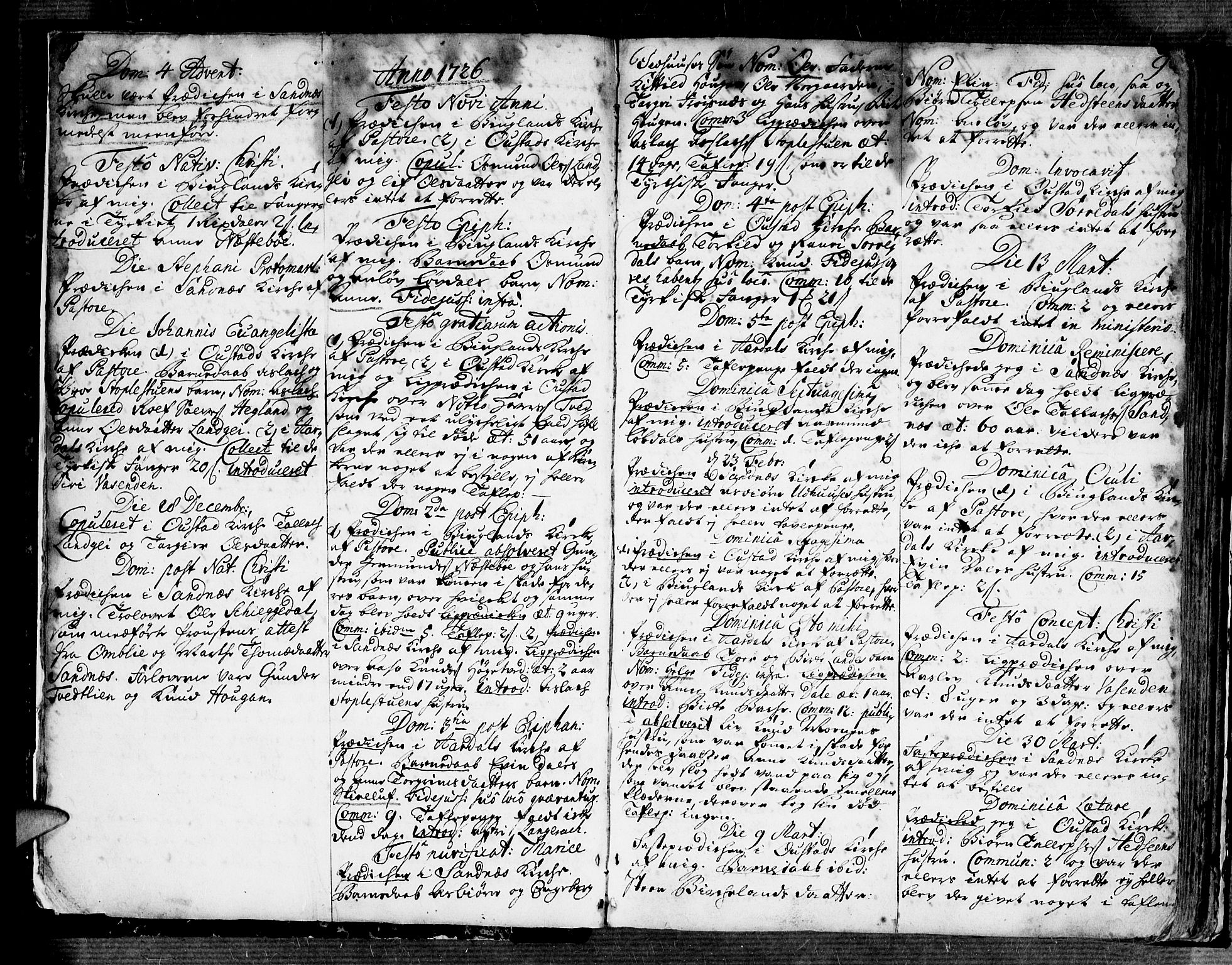 Bygland sokneprestkontor, SAK/1111-0006/F/Fa/Fab/L0001: Parish register (official) no. A 1, 1725-1766, p. 8-9