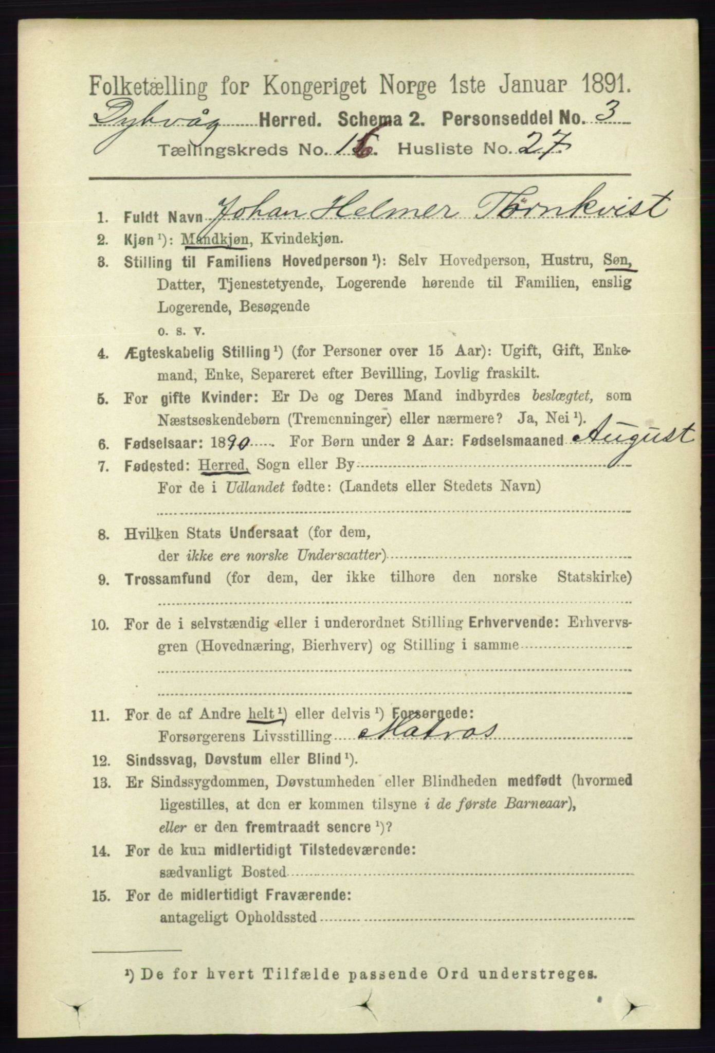 RA, 1891 census for 0915 Dypvåg, 1891, p. 6572