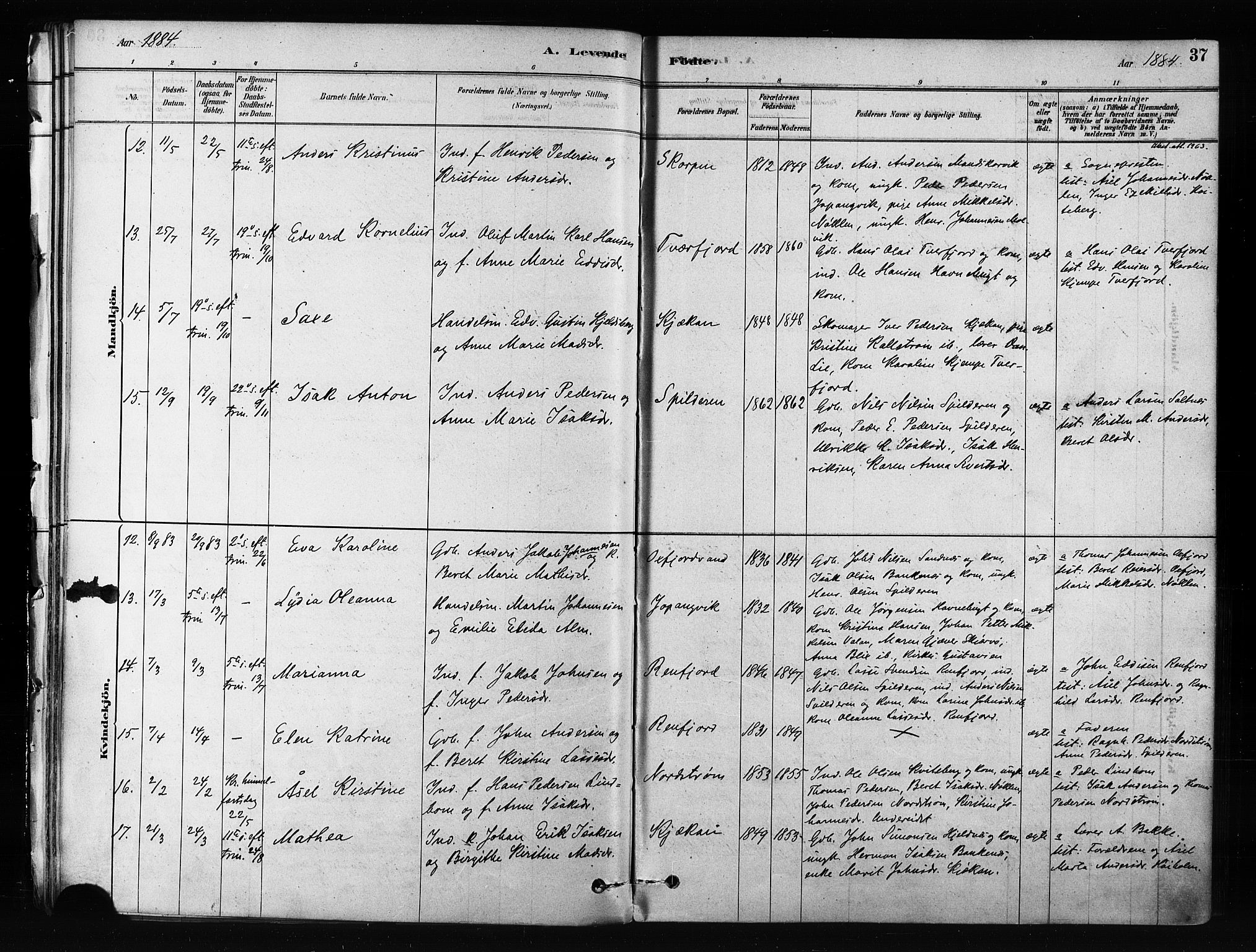 Skjervøy sokneprestkontor, AV/SATØ-S-1300/H/Ha/Haa/L0012kirke: Parish register (official) no. 12, 1878-1891, p. 37