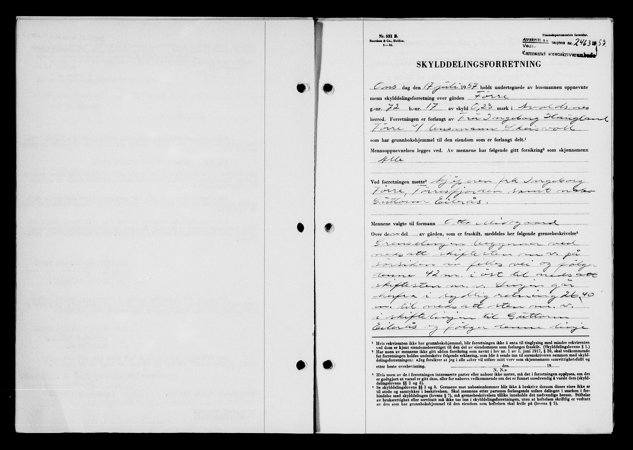 Karmsund sorenskriveri, AV/SAST-A-100311/01/II/IIB/L0125: Mortgage book no. 105A, 1957-1957, Diary no: : 2463/1957