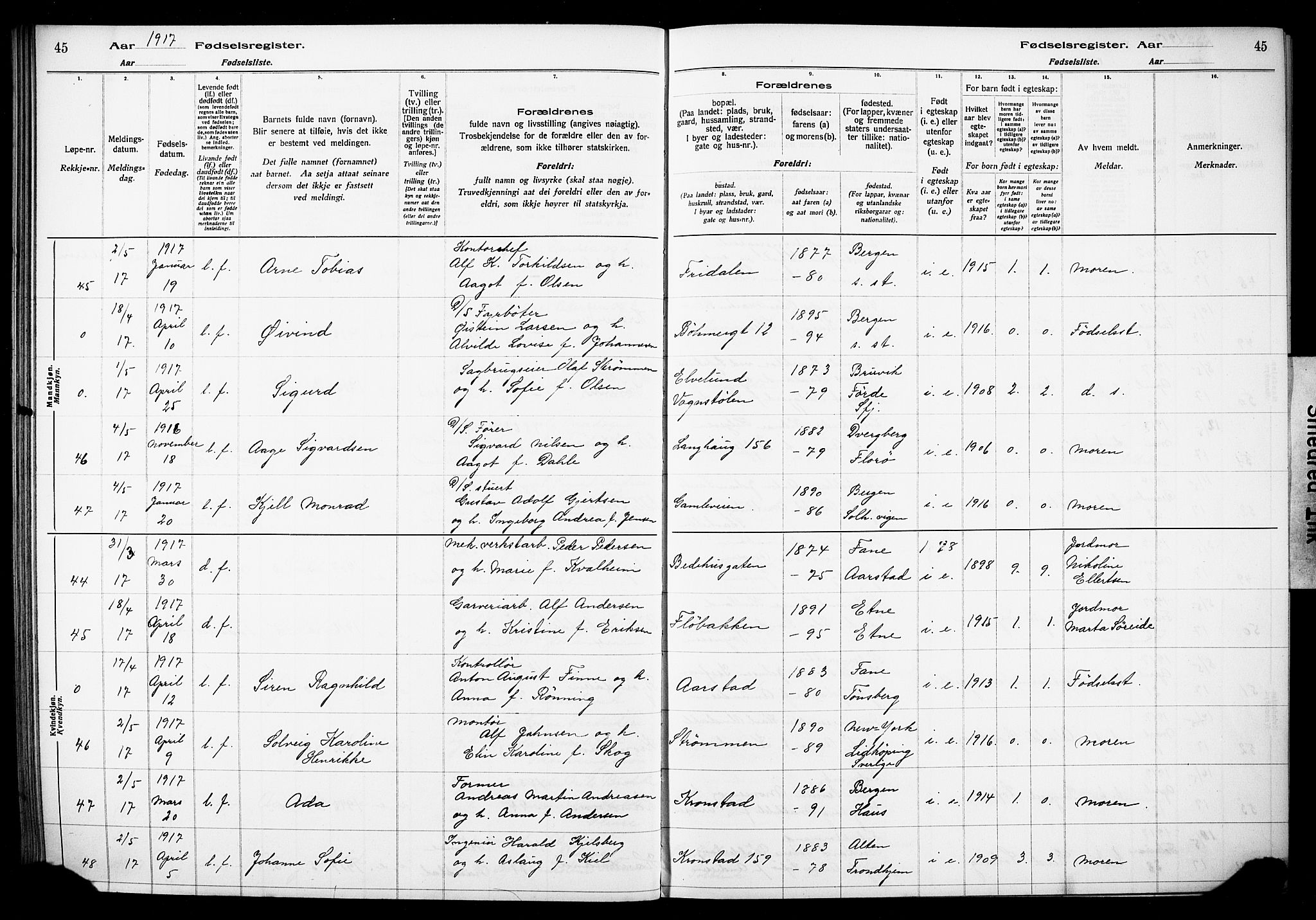 Årstad Sokneprestembete, AV/SAB-A-79301/I/Id/L0A01: Birth register no. A 1, 1916-1920, p. 45