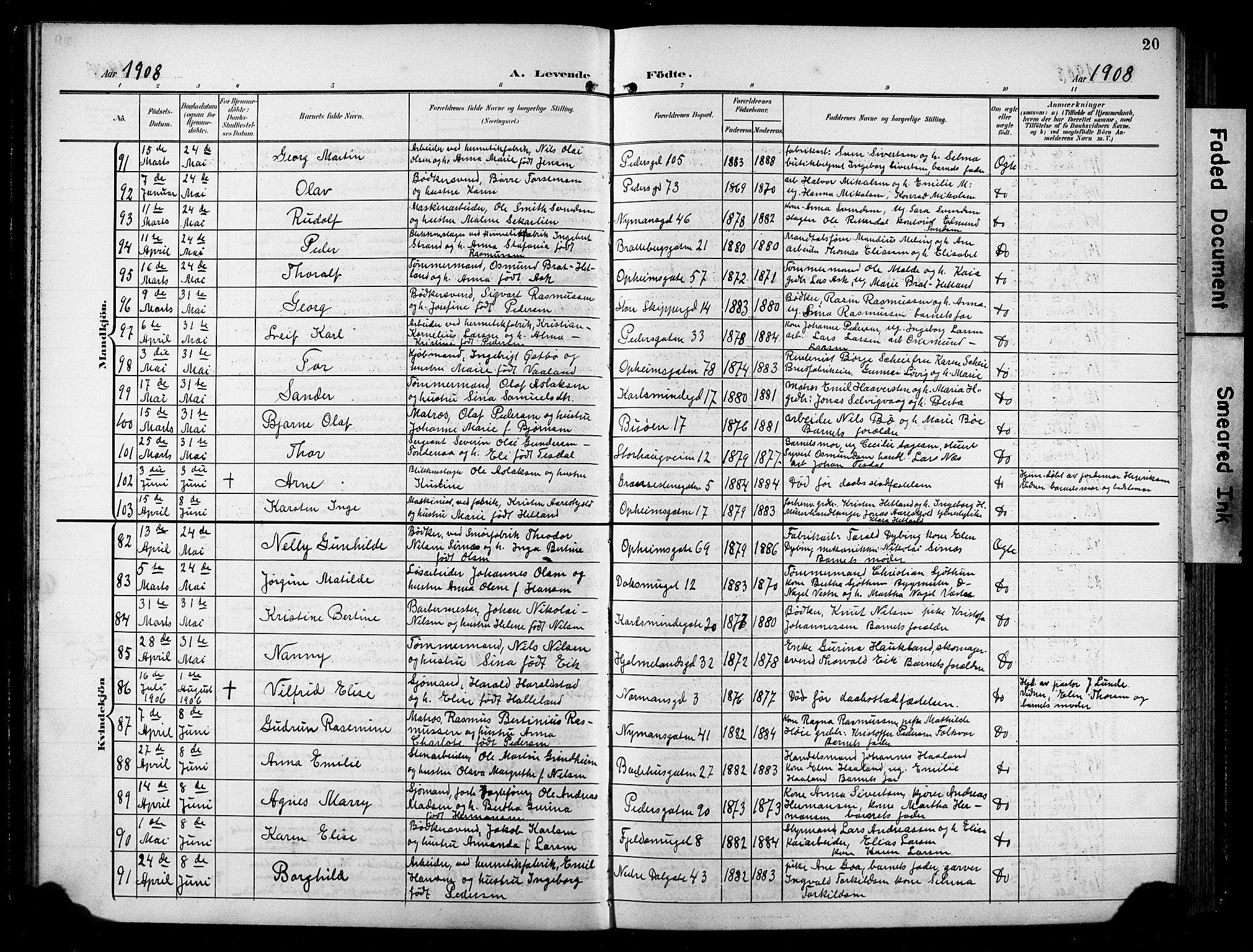 St. Johannes sokneprestkontor, SAST/A-101814/001/30/30BB/L0006: Parish register (copy) no. B 6, 1907-1917, p. 20