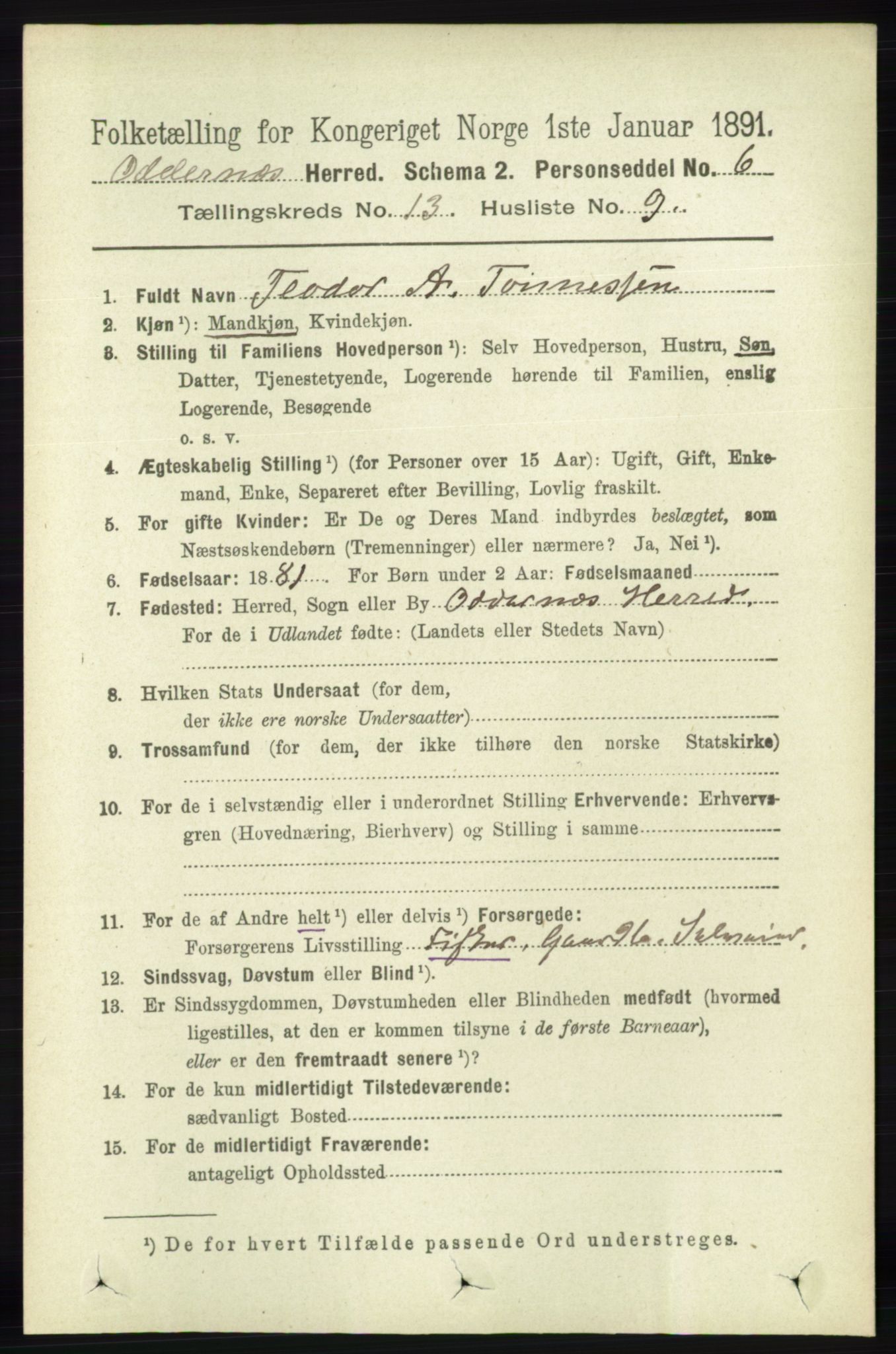 RA, 1891 census for 1012 Oddernes, 1891, p. 4692