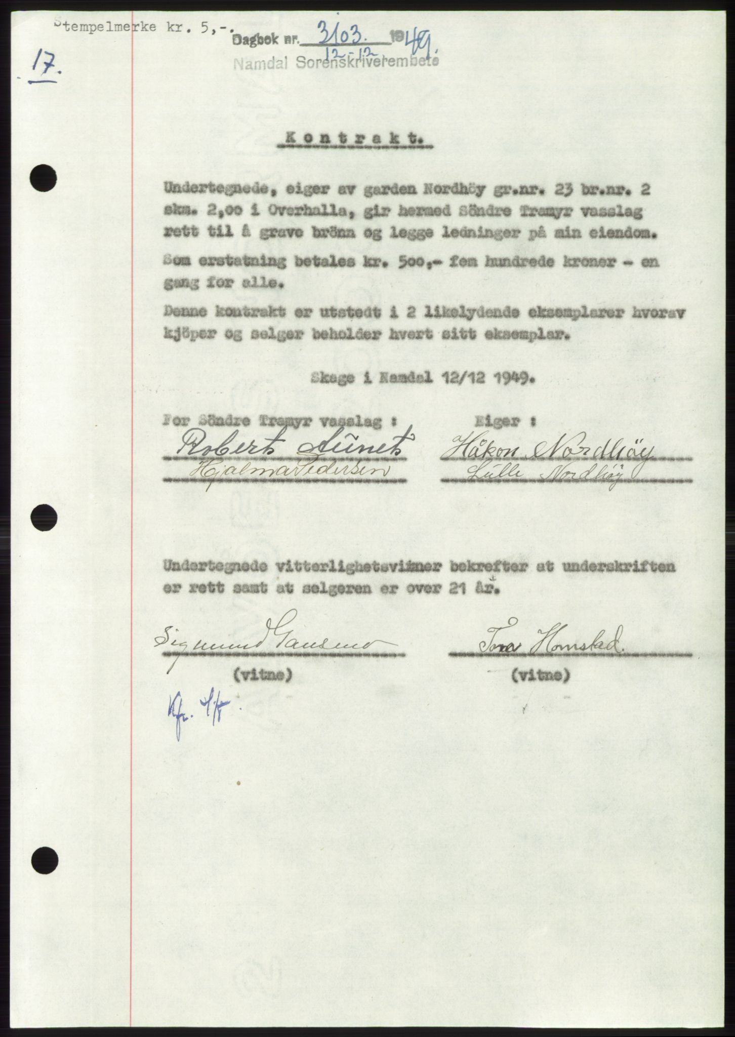 Namdal sorenskriveri, AV/SAT-A-4133/1/2/2C: Mortgage book no. -, 1949-1949, Diary no: : 3103/1949