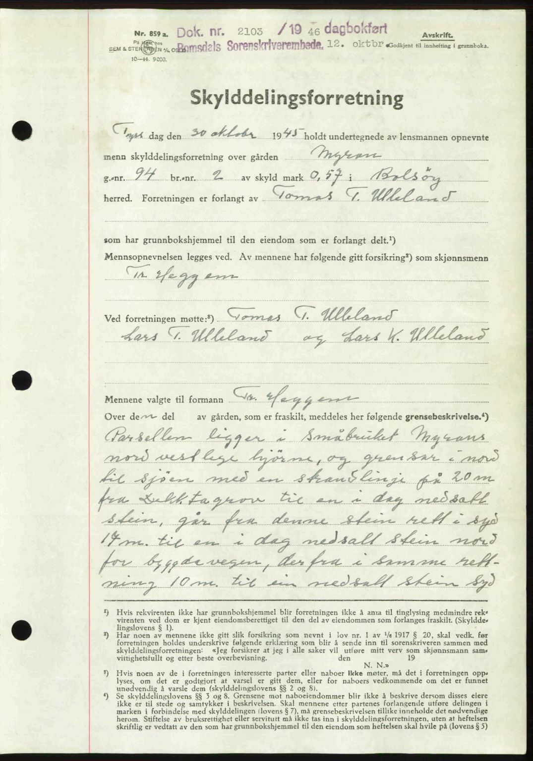 Romsdal sorenskriveri, AV/SAT-A-4149/1/2/2C: Mortgage book no. A21, 1946-1946, Diary no: : 2103/1946