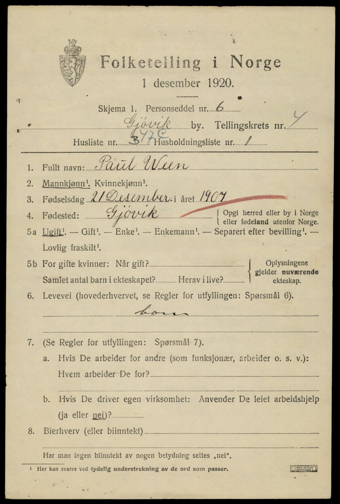 SAH, 1920 census for Gjøvik, 1920, p. 9996