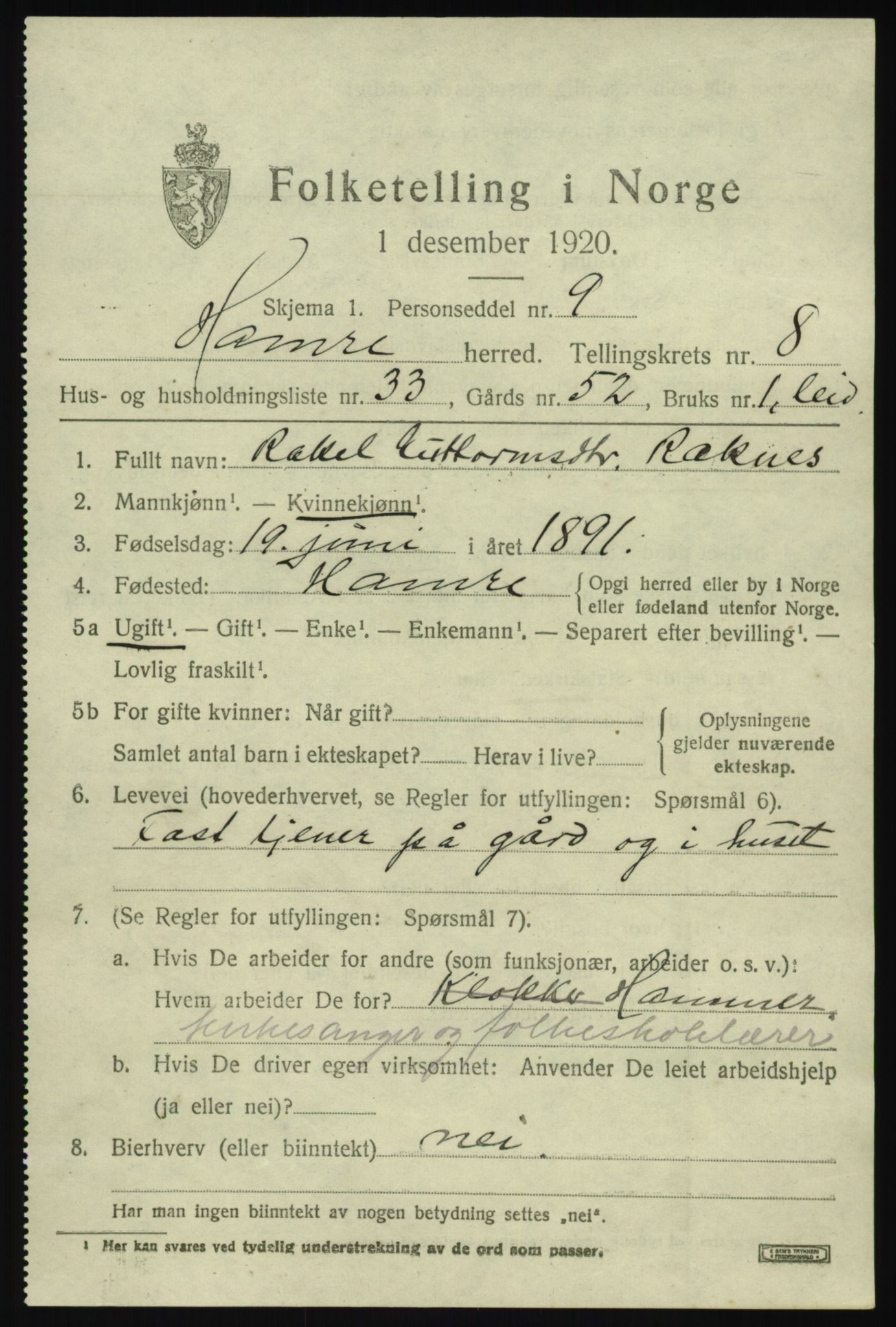 SAB, 1920 census for Hamre, 1920, p. 4837