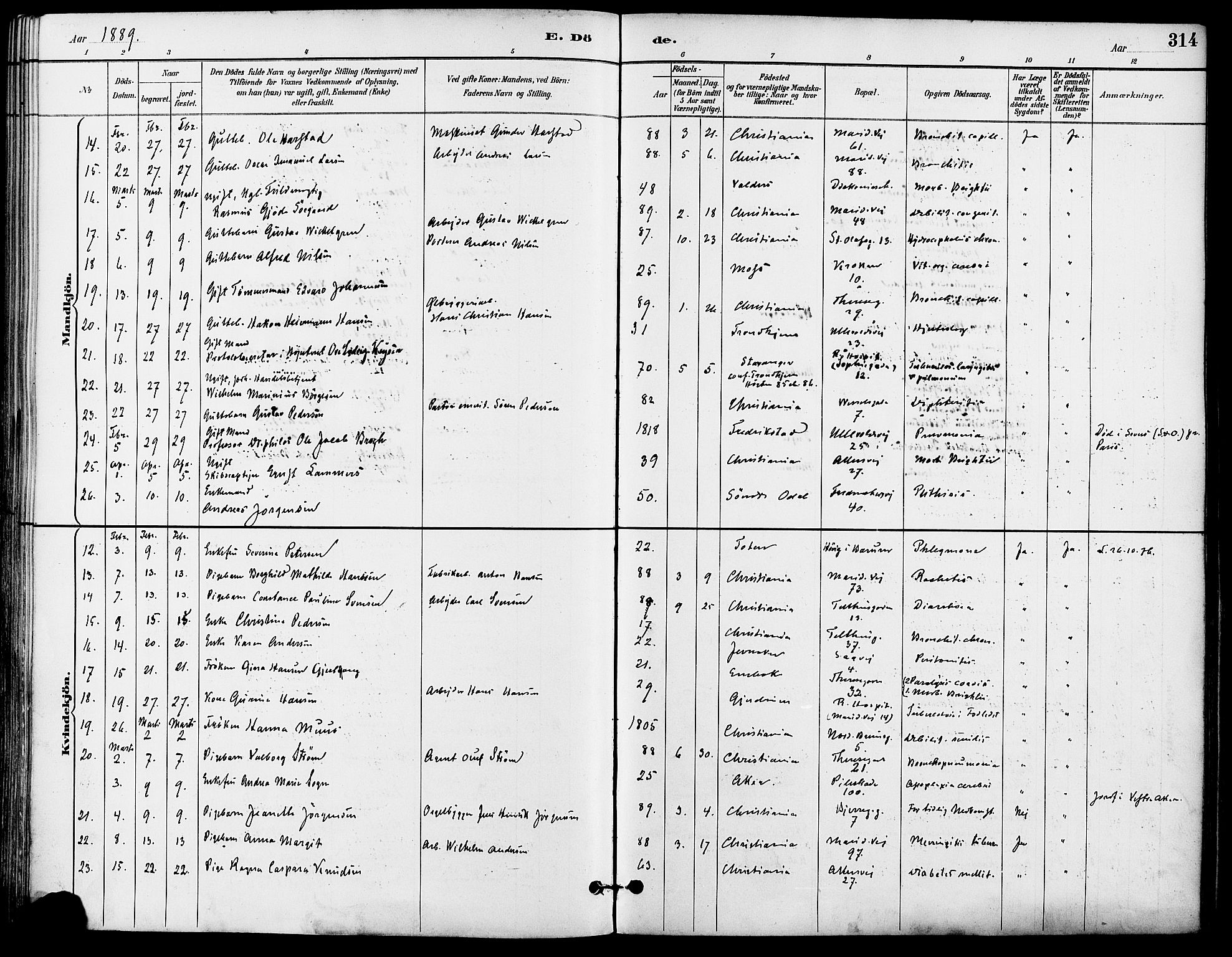 Gamle Aker prestekontor Kirkebøker, SAO/A-10617a/F/L0008: Parish register (official) no. 8, 1887-1896, p. 314