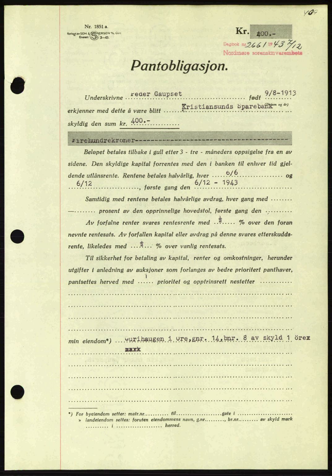 Nordmøre sorenskriveri, AV/SAT-A-4132/1/2/2Ca: Mortgage book no. B91, 1943-1944, Diary no: : 2661/1943