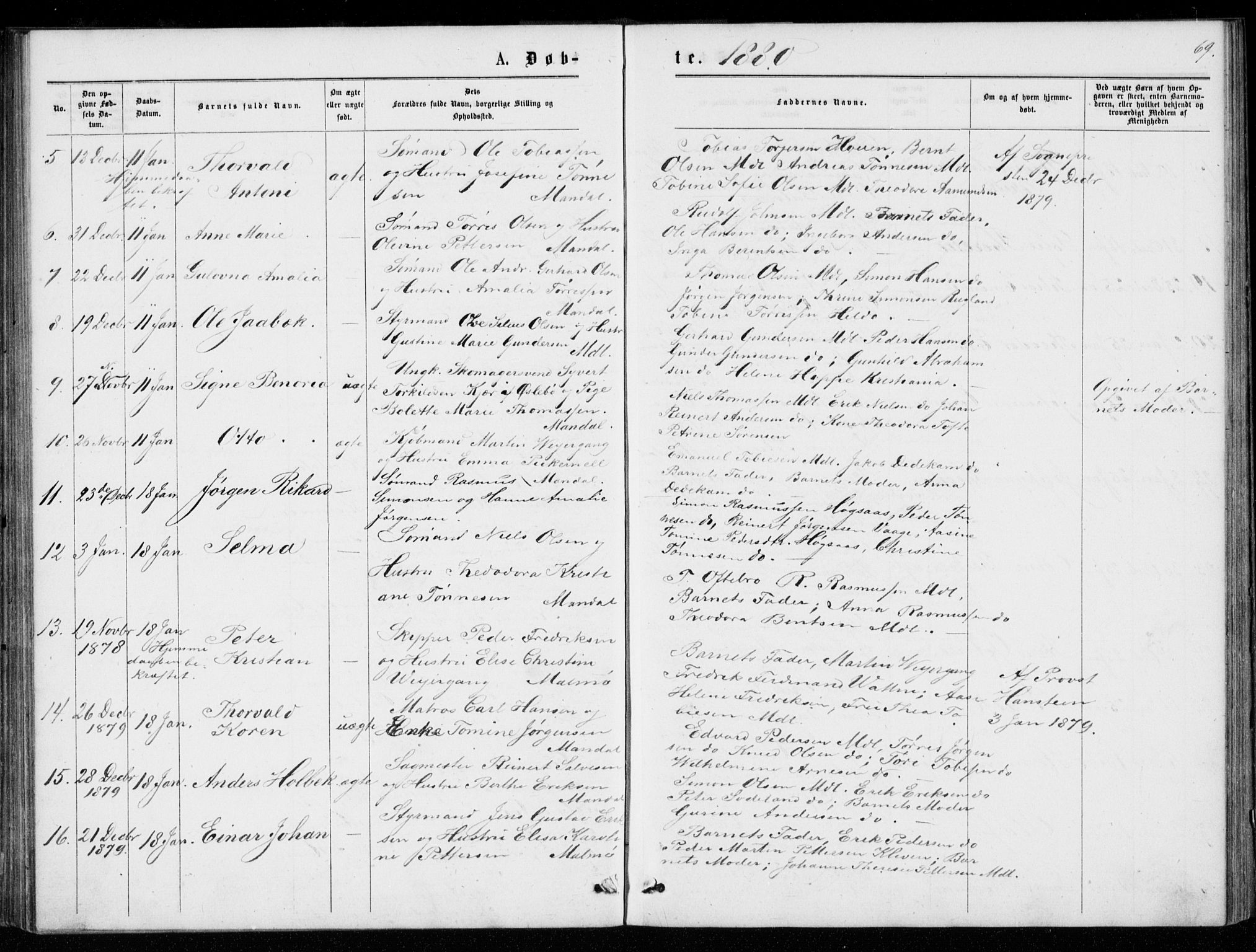 Mandal sokneprestkontor, AV/SAK-1111-0030/F/Fb/Fba/L0010: Parish register (copy) no. B 4, 1876-1880, p. 69