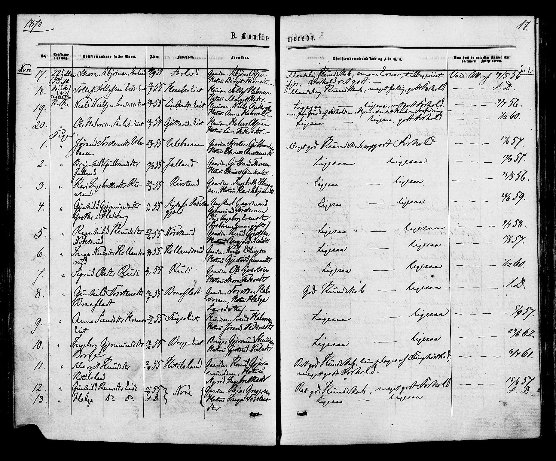 Nore kirkebøker, SAKO/A-238/F/Fa/L0004: Parish register (official) no. I 4, 1867-1877, p. 17