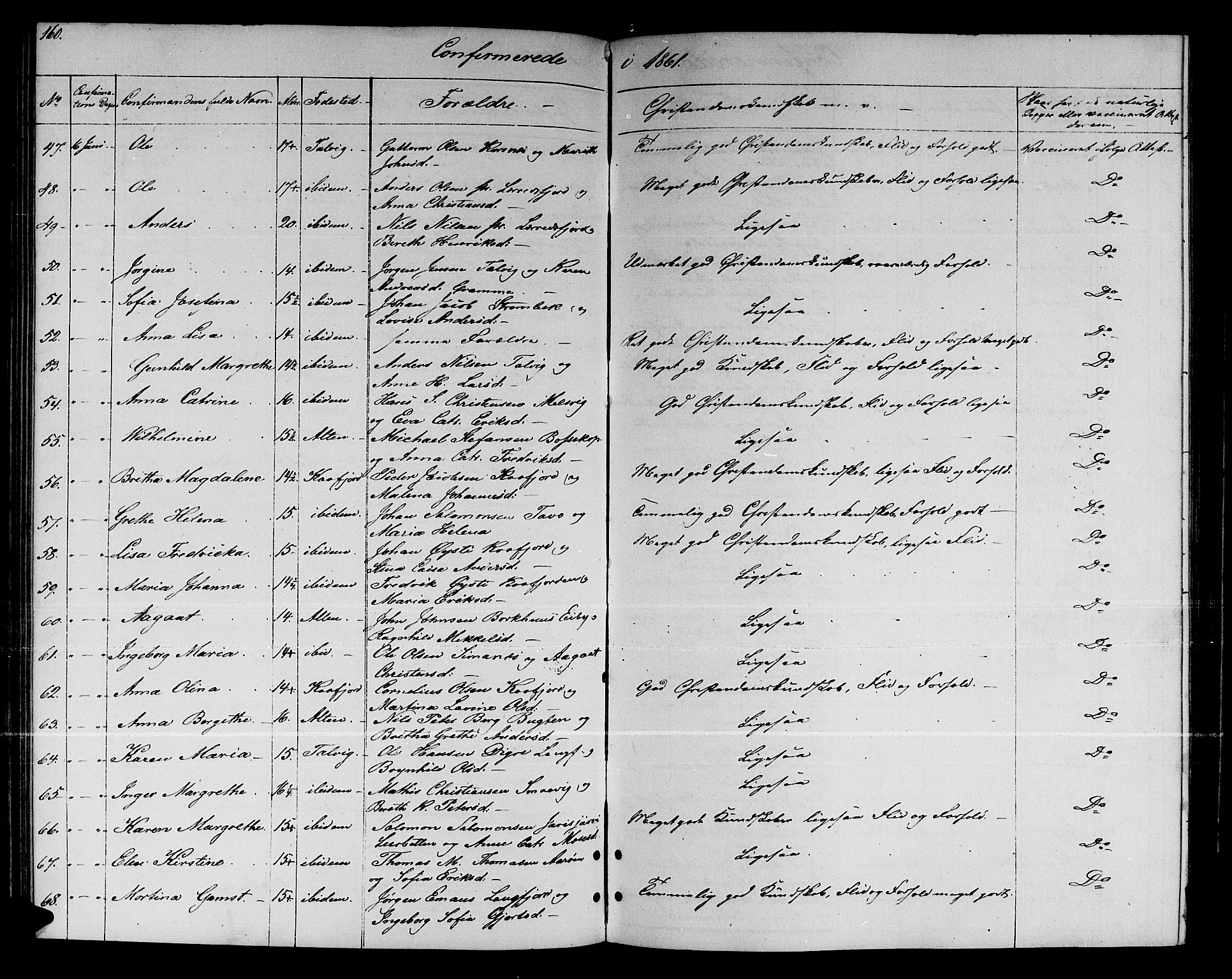 Talvik sokneprestkontor, SATØ/S-1337/H/Hb/L0001klokker: Parish register (copy) no. 1, 1847-1863, p. 160