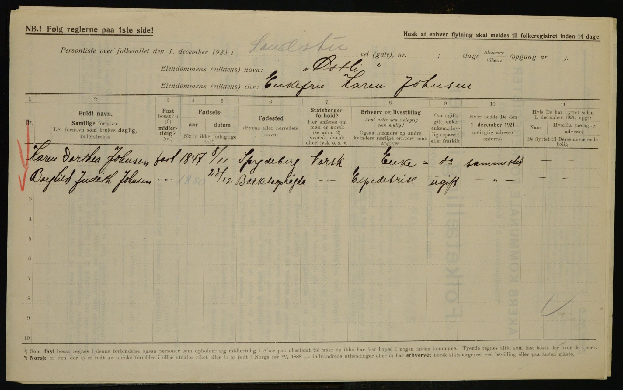 , Municipal Census 1923 for Aker, 1923, p. 45189