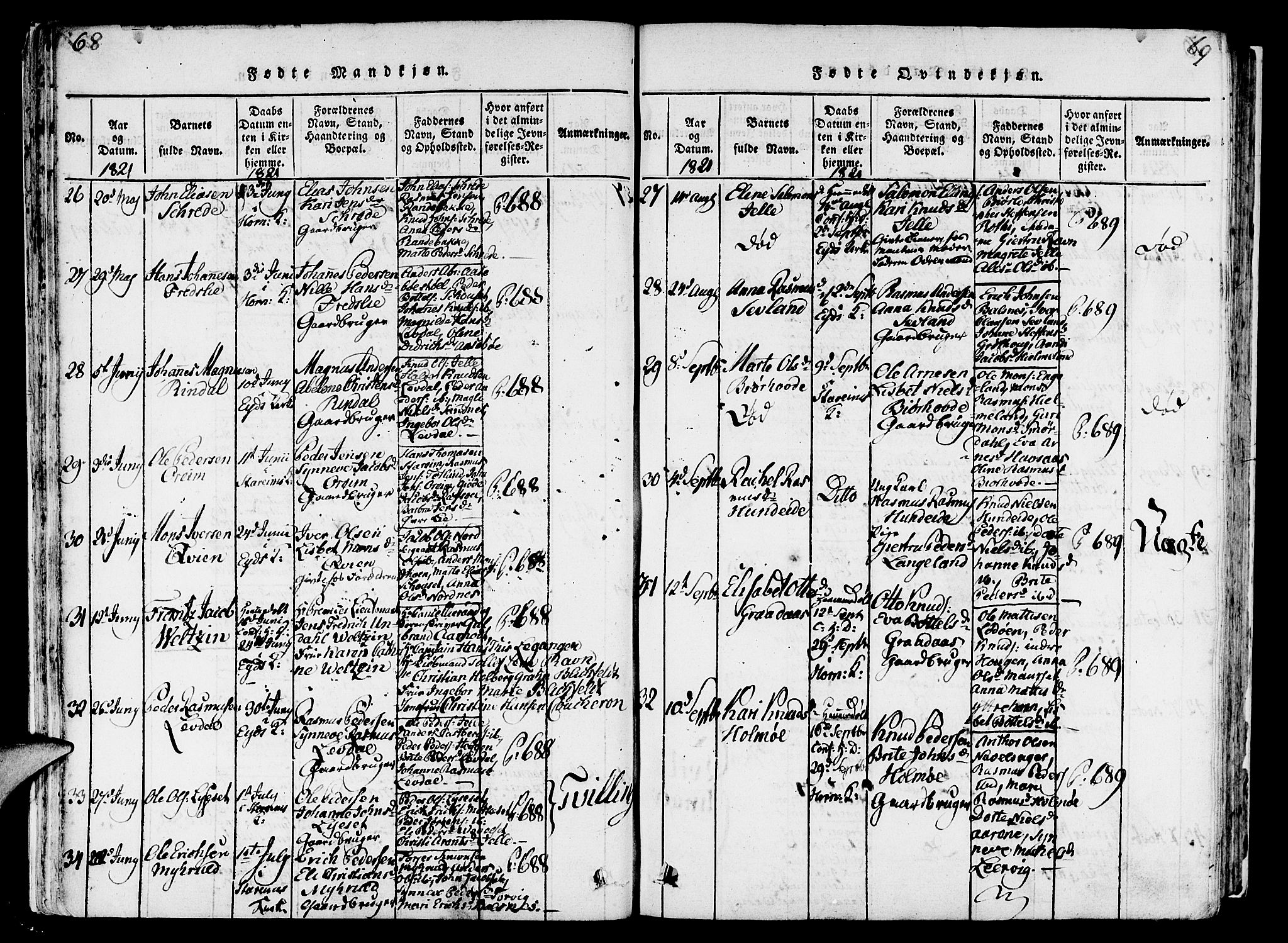 Eid sokneprestembete, AV/SAB-A-82301/H/Haa/Haaa/L0005: Parish register (official) no. A 5, 1816-1830, p. 68-69