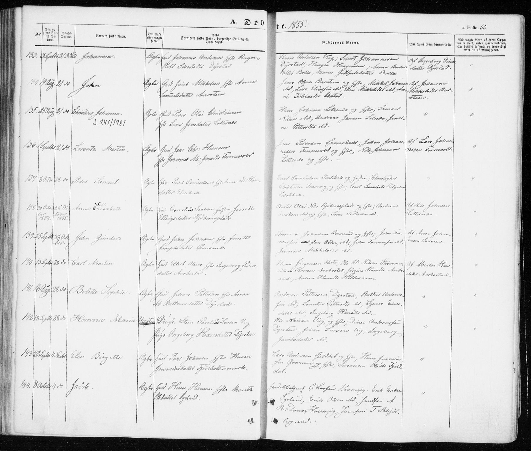 Ibestad sokneprestembete, SATØ/S-0077/H/Ha/Haa/L0008kirke: Parish register (official) no. 8, 1850-1859, p. 66