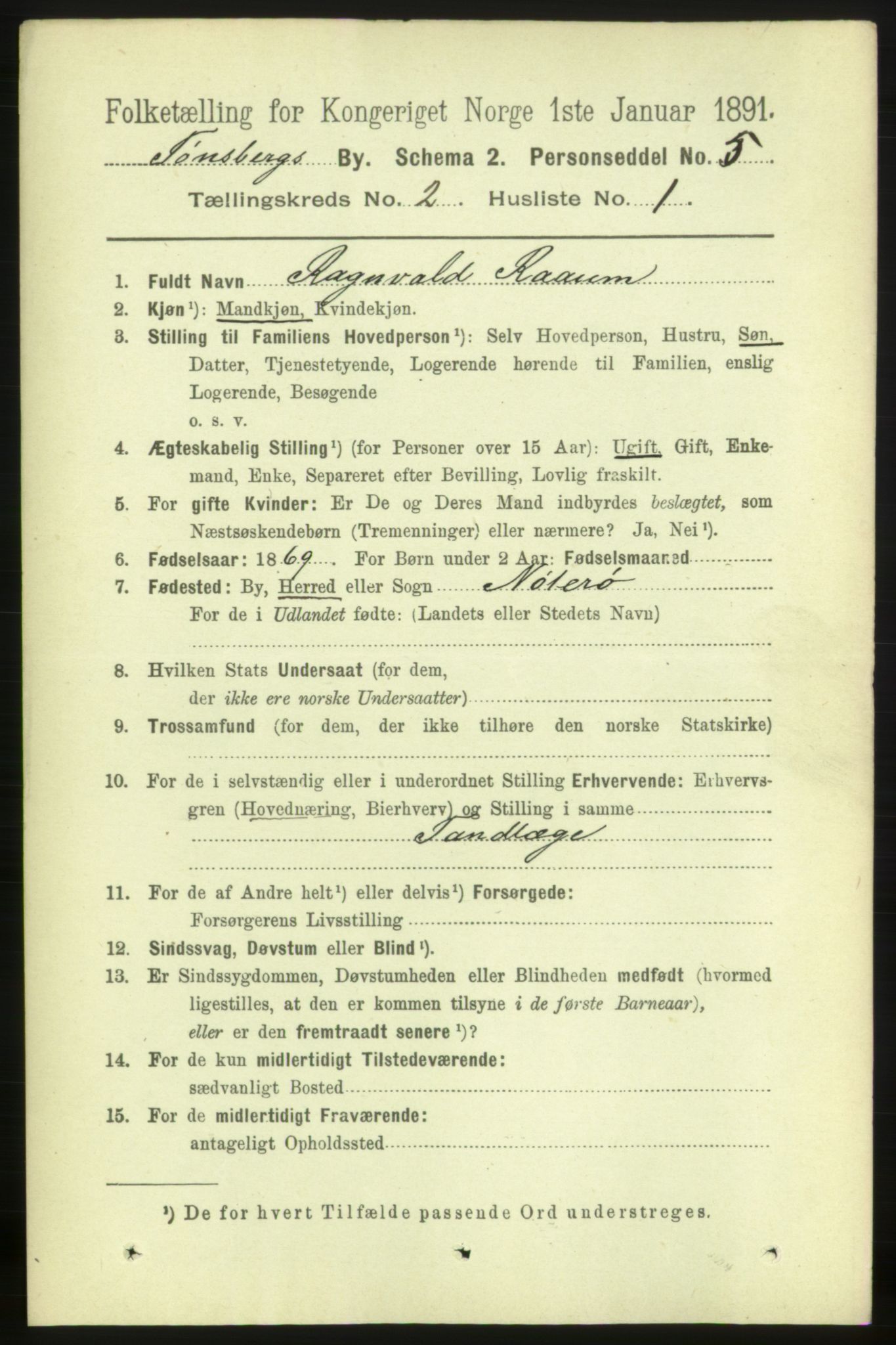 RA, 1891 census for 0705 Tønsberg, 1891, p. 1451