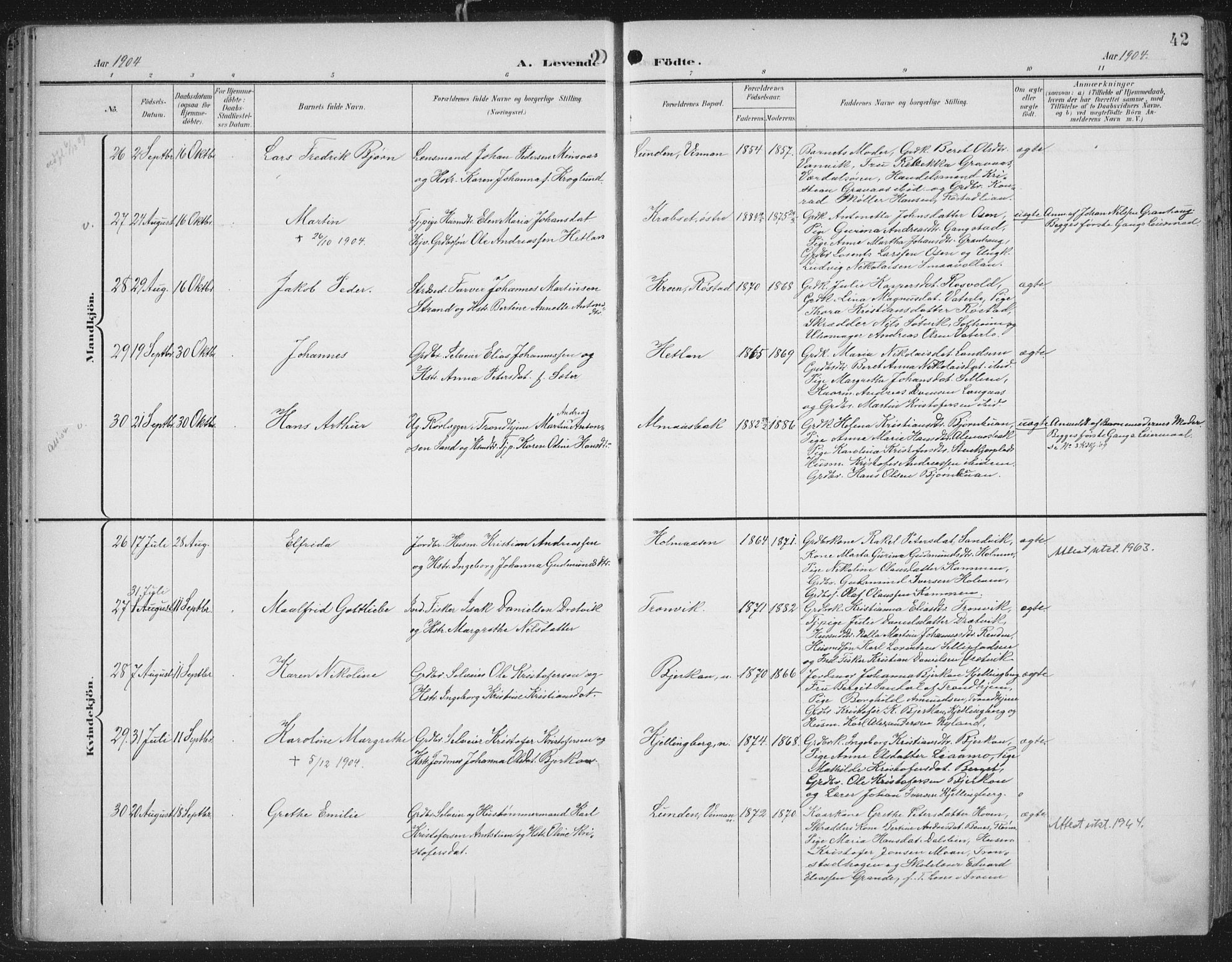 Ministerialprotokoller, klokkerbøker og fødselsregistre - Nord-Trøndelag, AV/SAT-A-1458/701/L0011: Parish register (official) no. 701A11, 1899-1915, p. 42