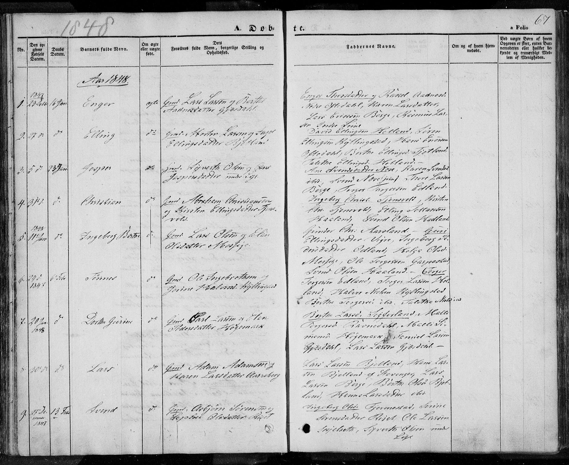 Lye sokneprestkontor, SAST/A-101794/001/30BA/L0005: Parish register (official) no. A 5.1, 1842-1855, p. 67