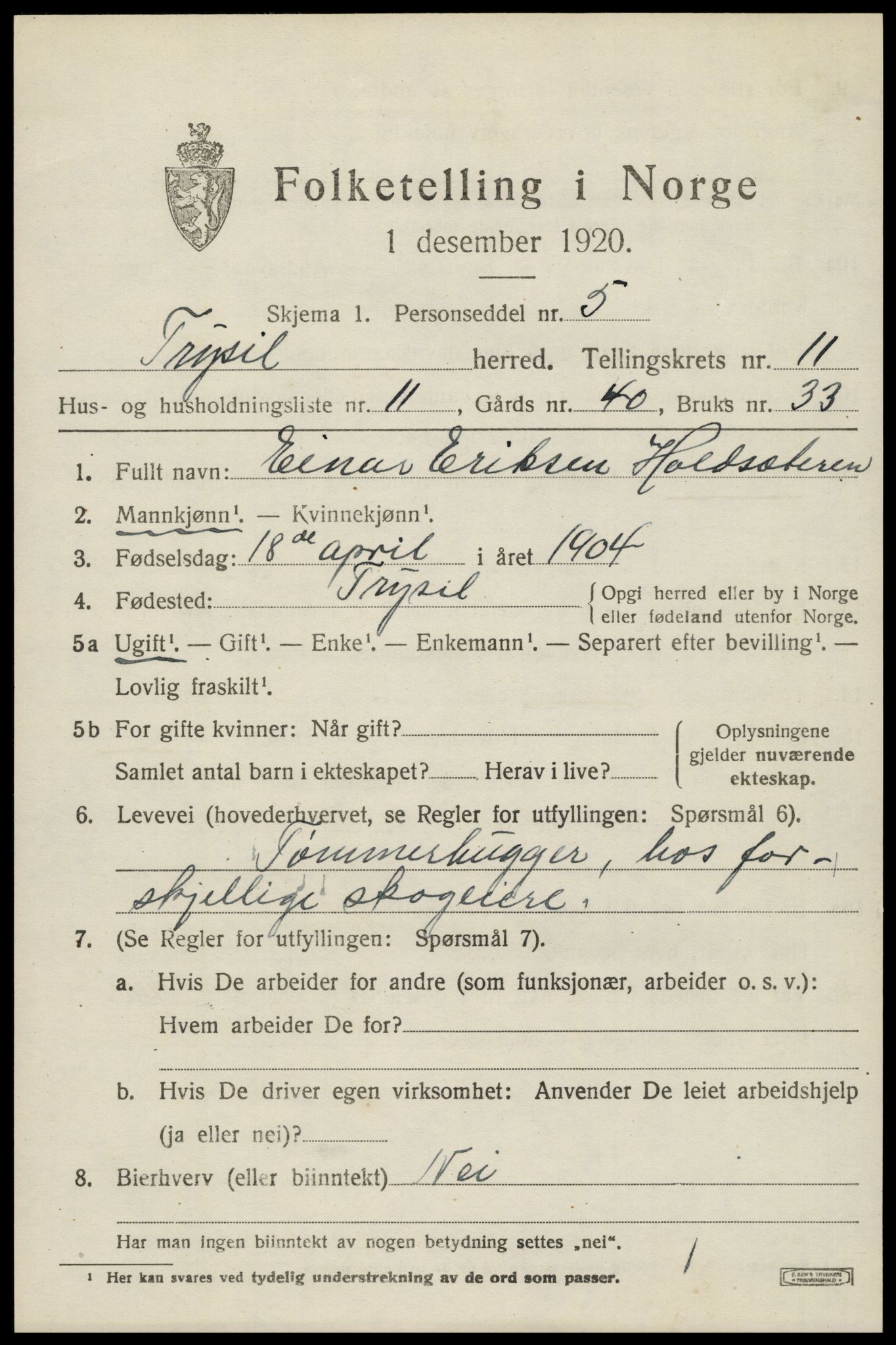 SAH, 1920 census for Trysil, 1920, p. 7083