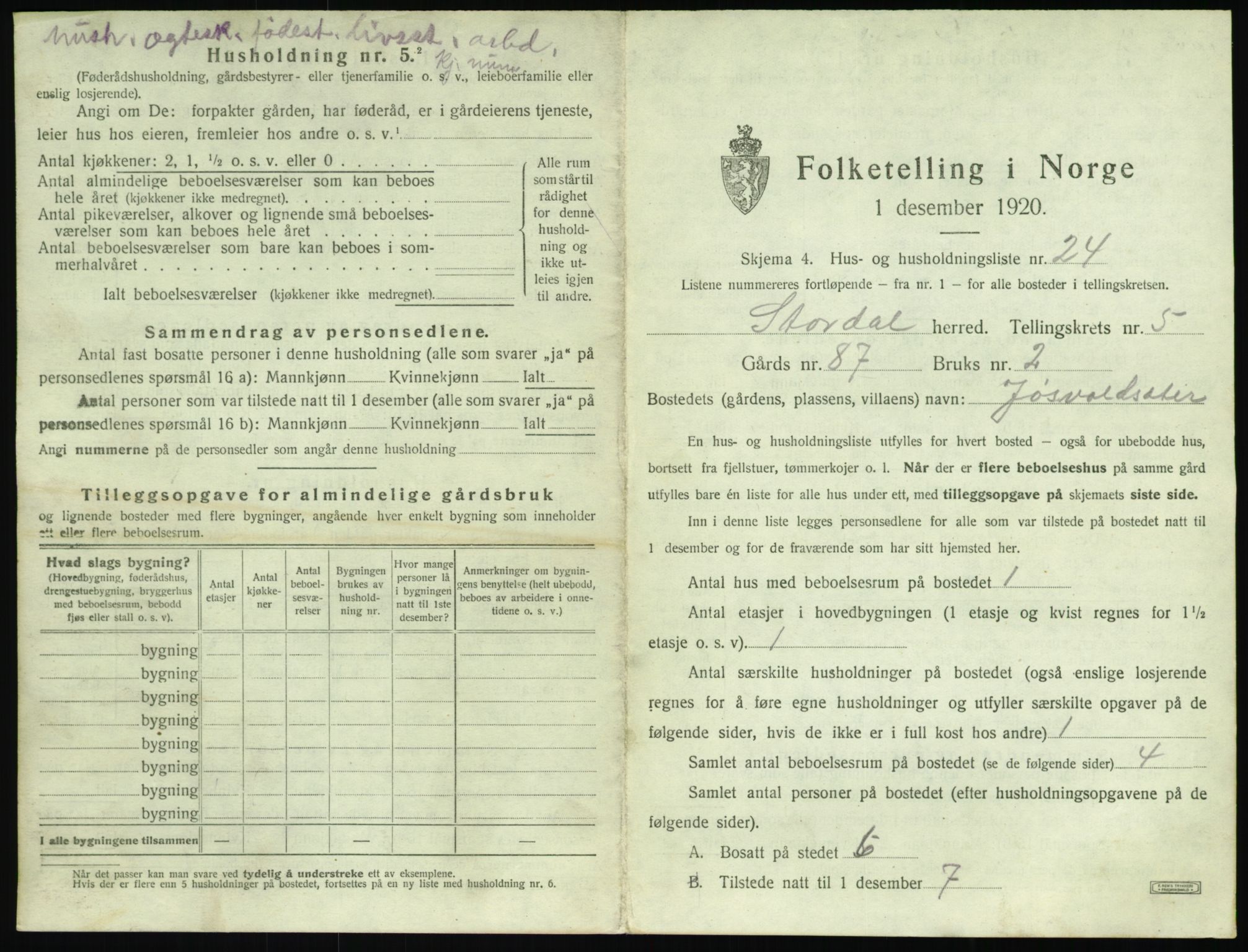 SAT, 1920 census for Stordal, 1920, p. 280
