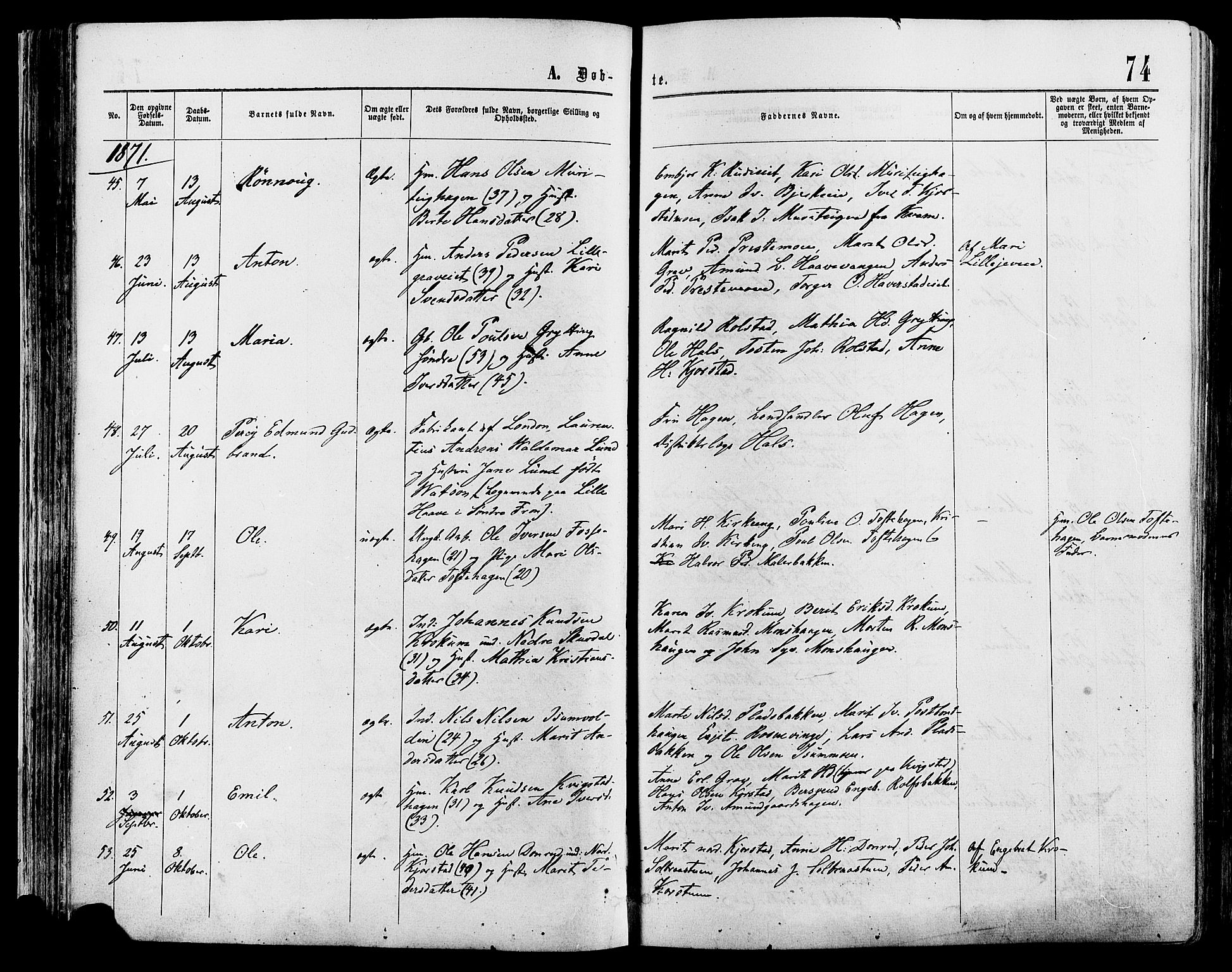 Sør-Fron prestekontor, AV/SAH-PREST-010/H/Ha/Haa/L0002: Parish register (official) no. 2, 1864-1880, p. 74