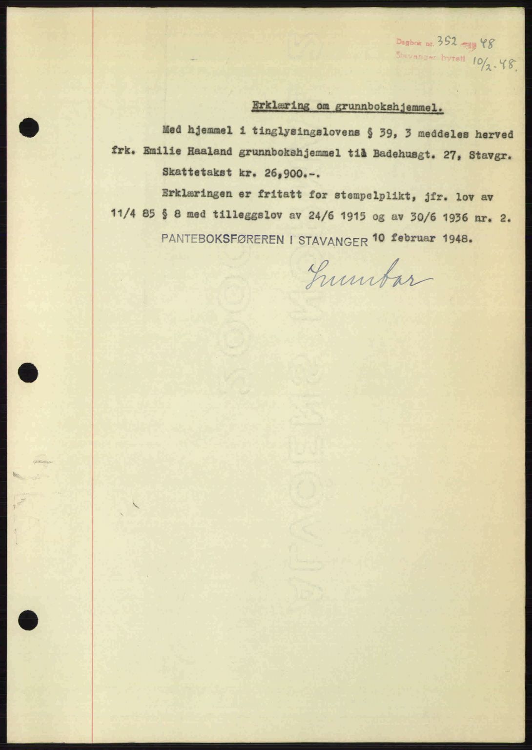 Stavanger byrett, SAST/A-100455/002/G/Gb/L0022: Mortgage book no. A11, 1947-1948, Diary no: : 352/1948
