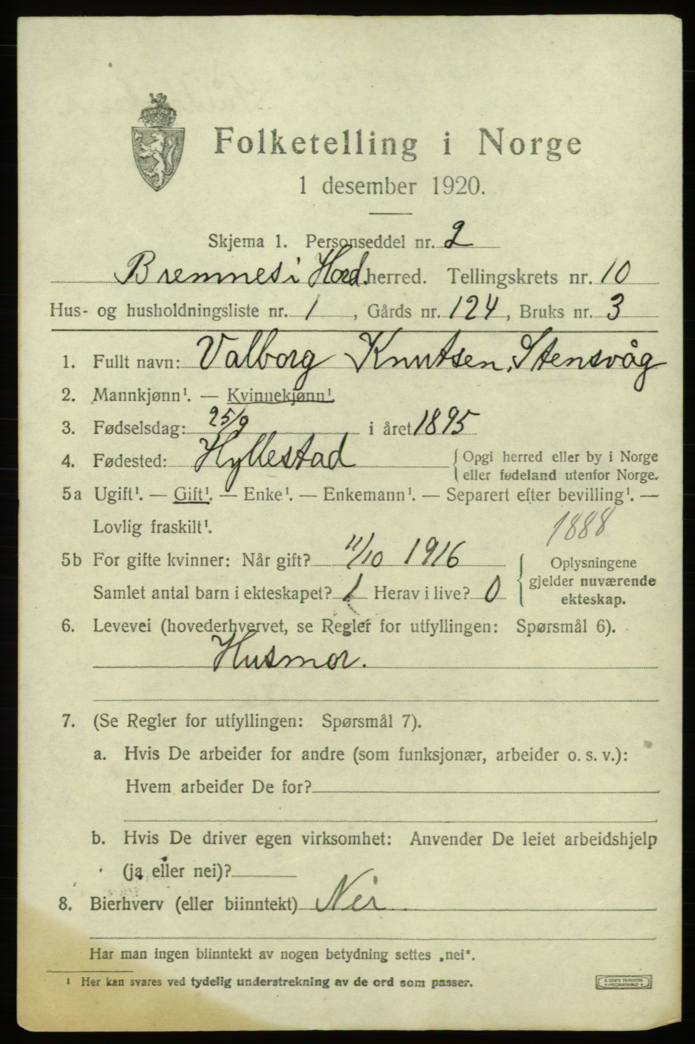 SAB, 1920 census for Bremnes, 1920, p. 6358