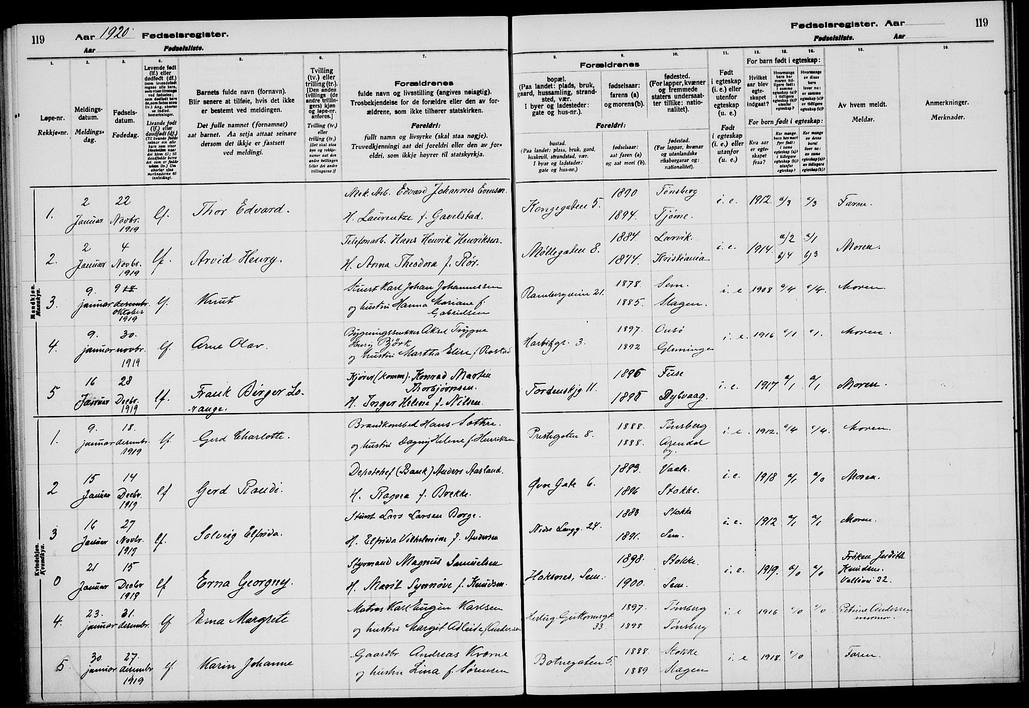 Tønsberg kirkebøker, AV/SAKO-A-330/J/Ja/L0001: Birth register no. 1, 1916-1922, p. 119