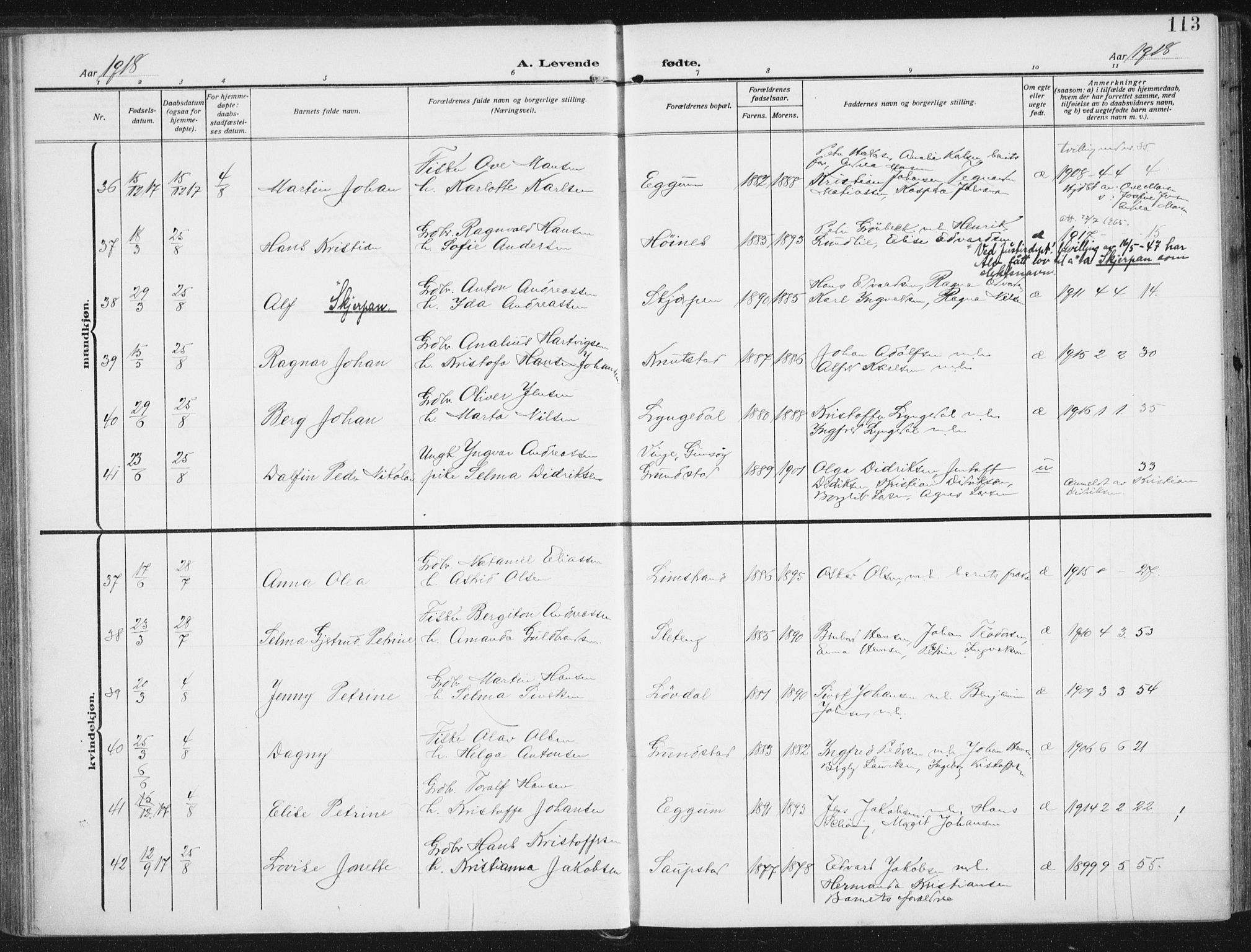 Ministerialprotokoller, klokkerbøker og fødselsregistre - Nordland, SAT/A-1459/880/L1135: Parish register (official) no. 880A09, 1908-1919, p. 113