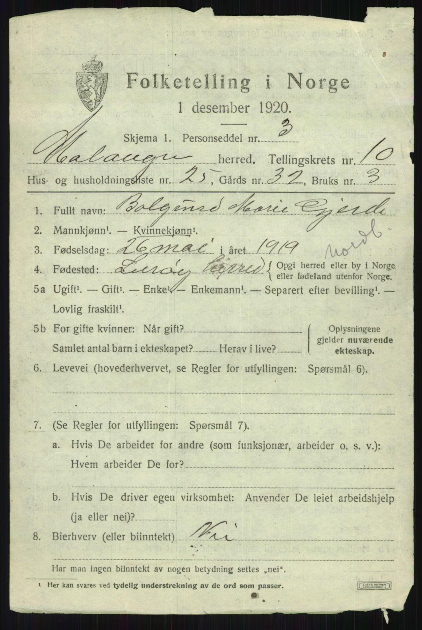 SATØ, 1920 census for Malangen, 1920, p. 4125