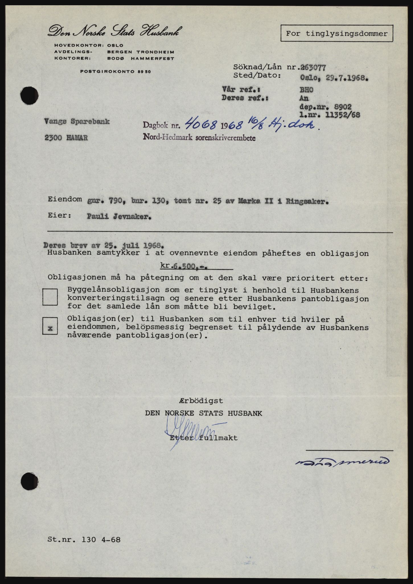 Nord-Hedmark sorenskriveri, SAH/TING-012/H/Hc/L0028: Mortgage book no. 28, 1968-1968, Diary no: : 4068/1968