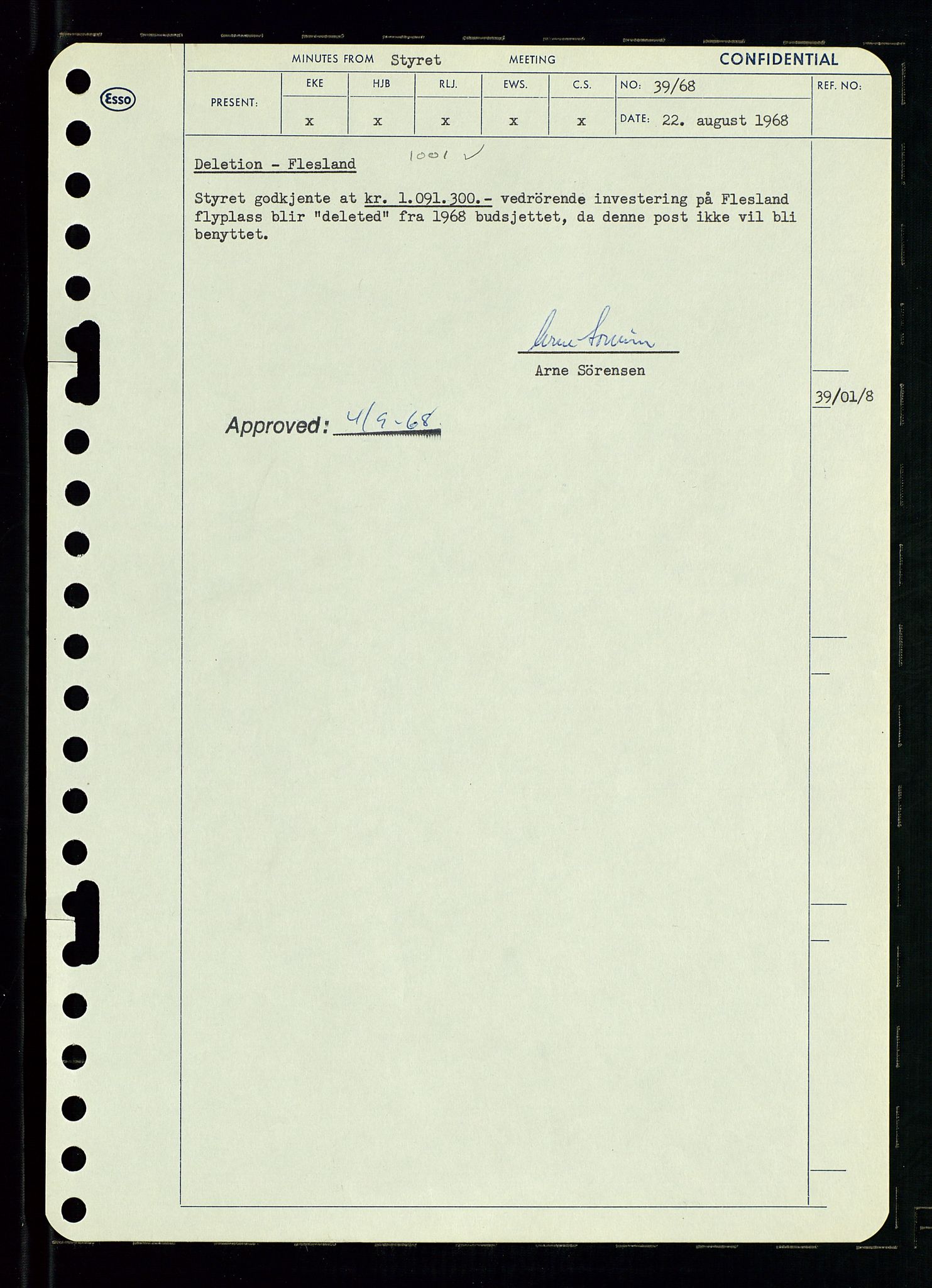 Pa 0982 - Esso Norge A/S, AV/SAST-A-100448/A/Aa/L0002/0004: Den administrerende direksjon Board minutes (styrereferater) / Den administrerende direksjon Board minutes (styrereferater), 1968, p. 61