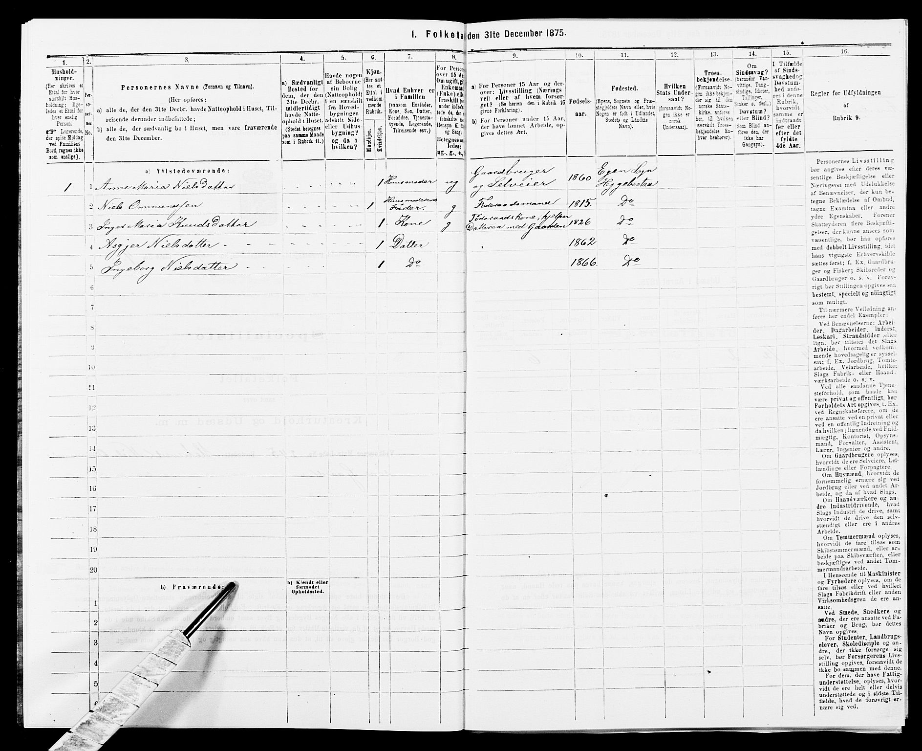 SAK, 1875 census for 1034P Hægebostad, 1875, p. 725