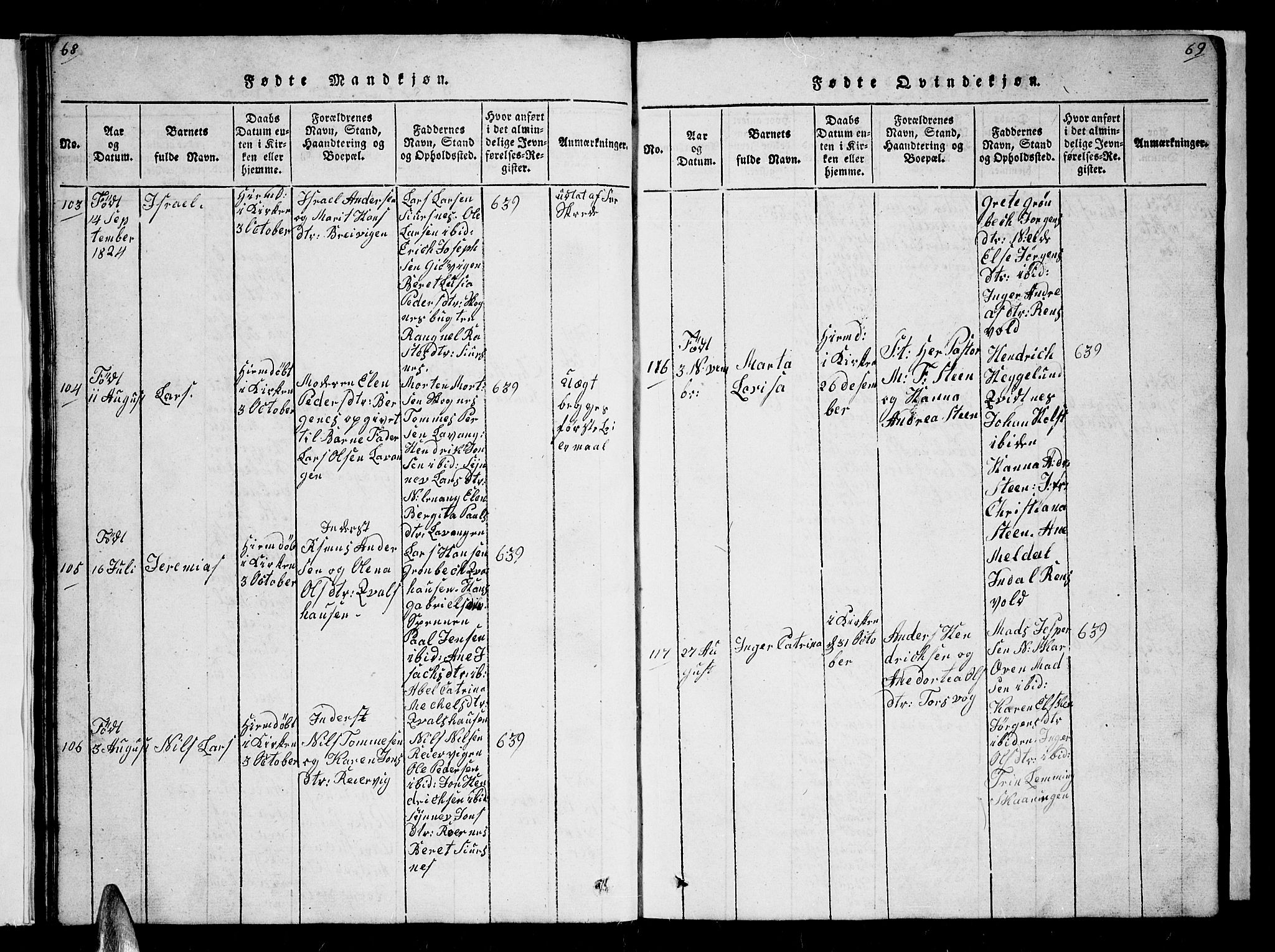 Karlsøy sokneprestembete, AV/SATØ-S-1299/H/Ha/Hab/L0001klokker: Parish register (copy) no. 1, 1821-1840, p. 68-69