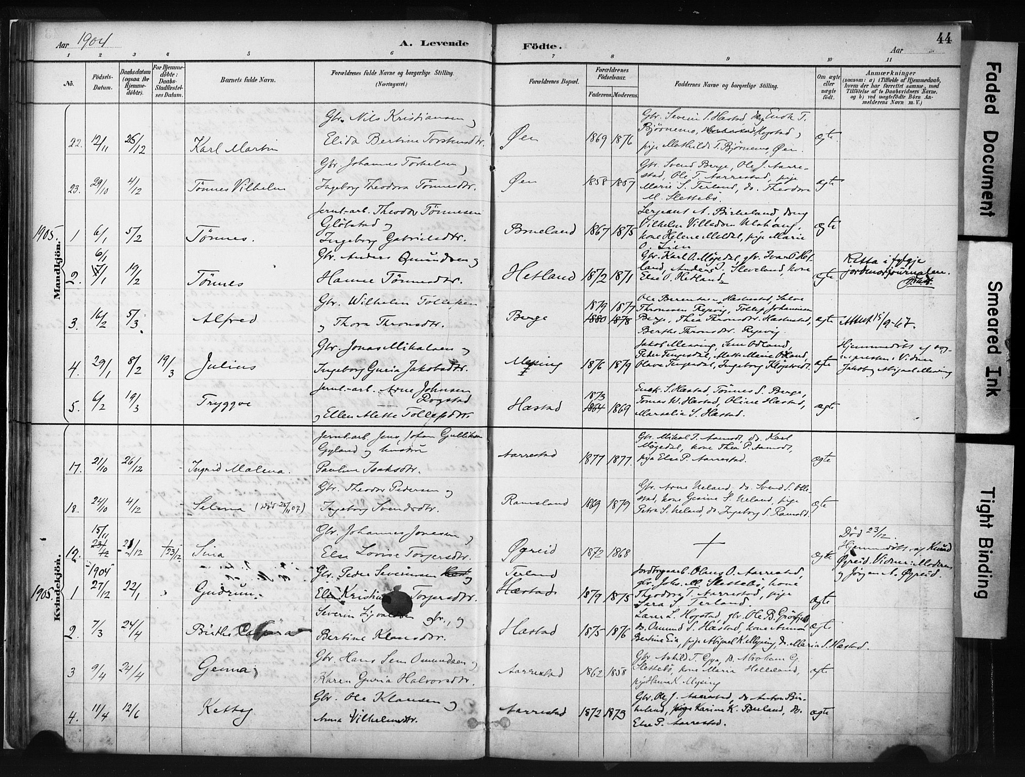 Helleland sokneprestkontor, SAST/A-101810: Parish register (official) no. A 8, 1887-1907, p. 44