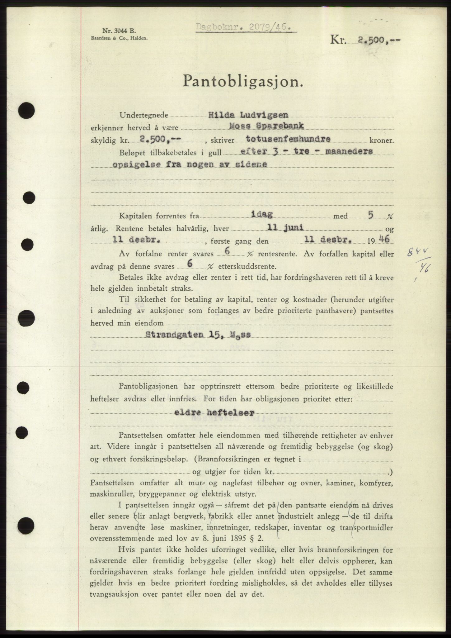 Moss sorenskriveri, AV/SAO-A-10168: Mortgage book no. B15, 1946-1946, Diary no: : 2079/1946