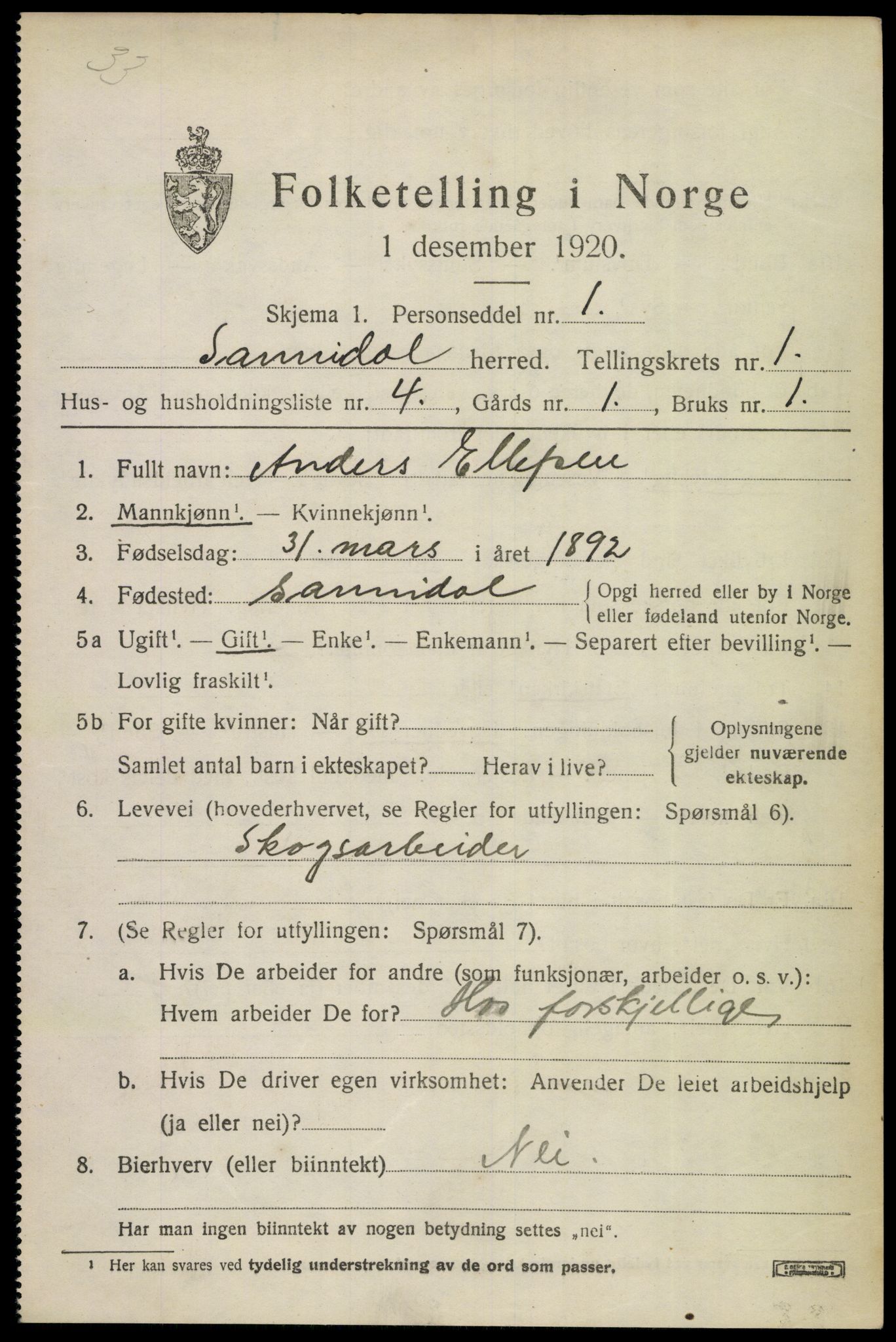 SAKO, 1920 census for Sannidal, 1920, p. 1065