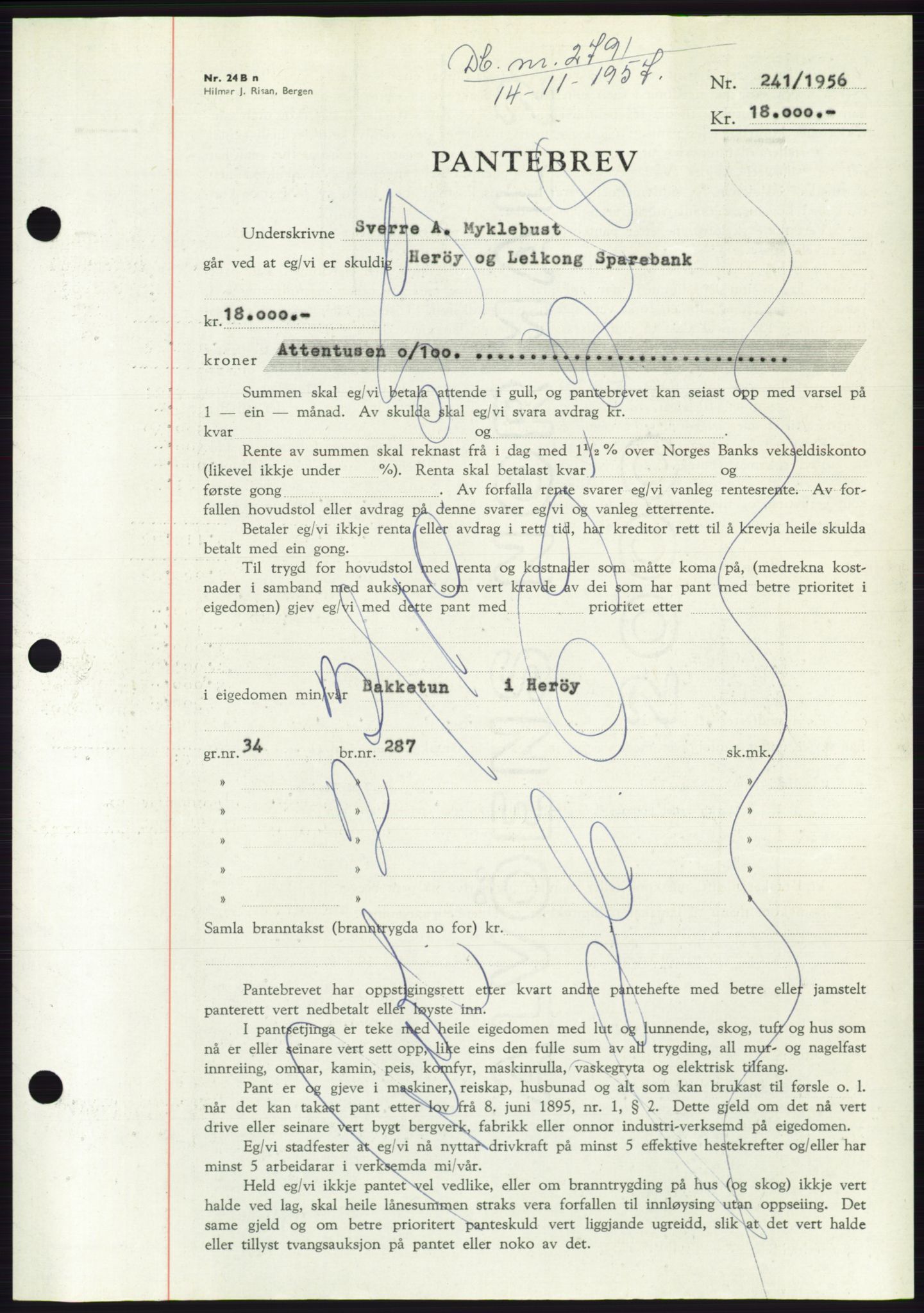 Søre Sunnmøre sorenskriveri, AV/SAT-A-4122/1/2/2C/L0130: Mortgage book no. 18B, 1957-1958, Diary no: : 2791/1957