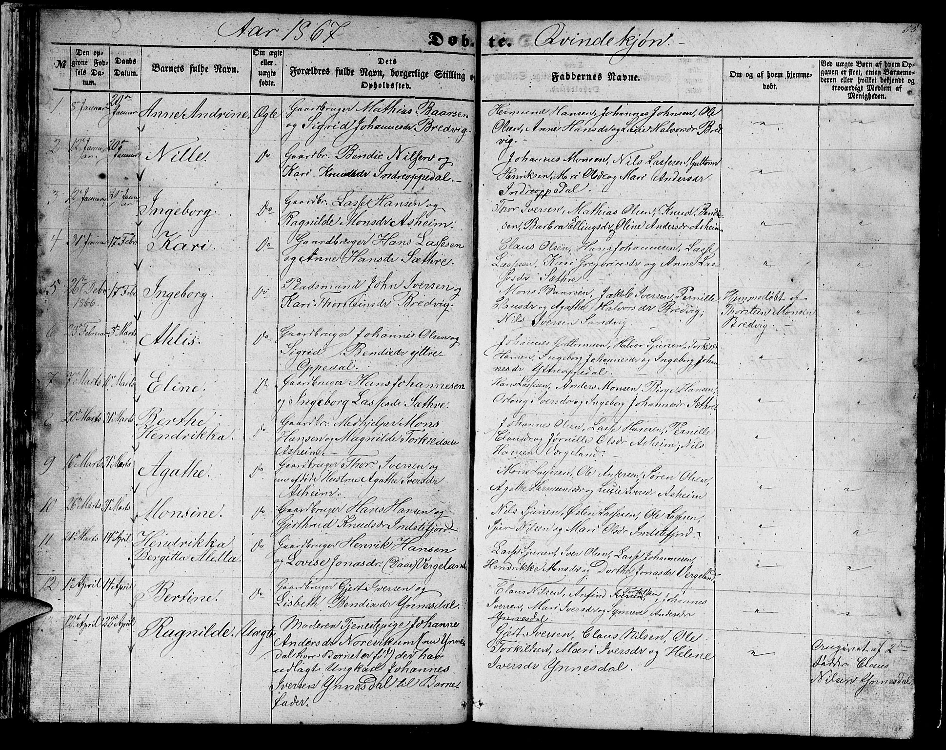 Gulen sokneprestembete, AV/SAB-A-80201/H/Hab/Habc/L0001: Parish register (copy) no. C 1, 1853-1880, p. 55