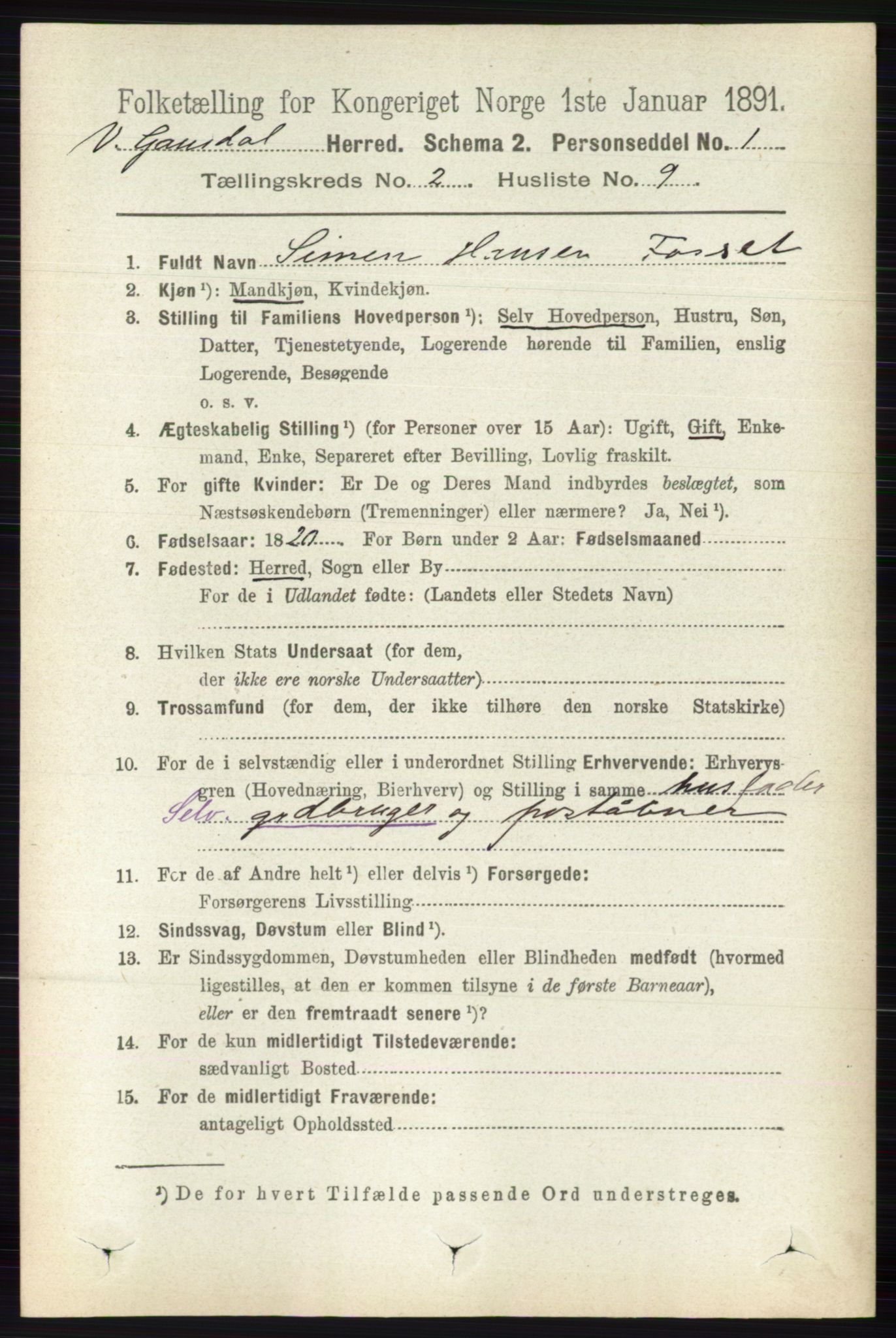 RA, 1891 census for 0523 Vestre Gausdal, 1891, p. 573