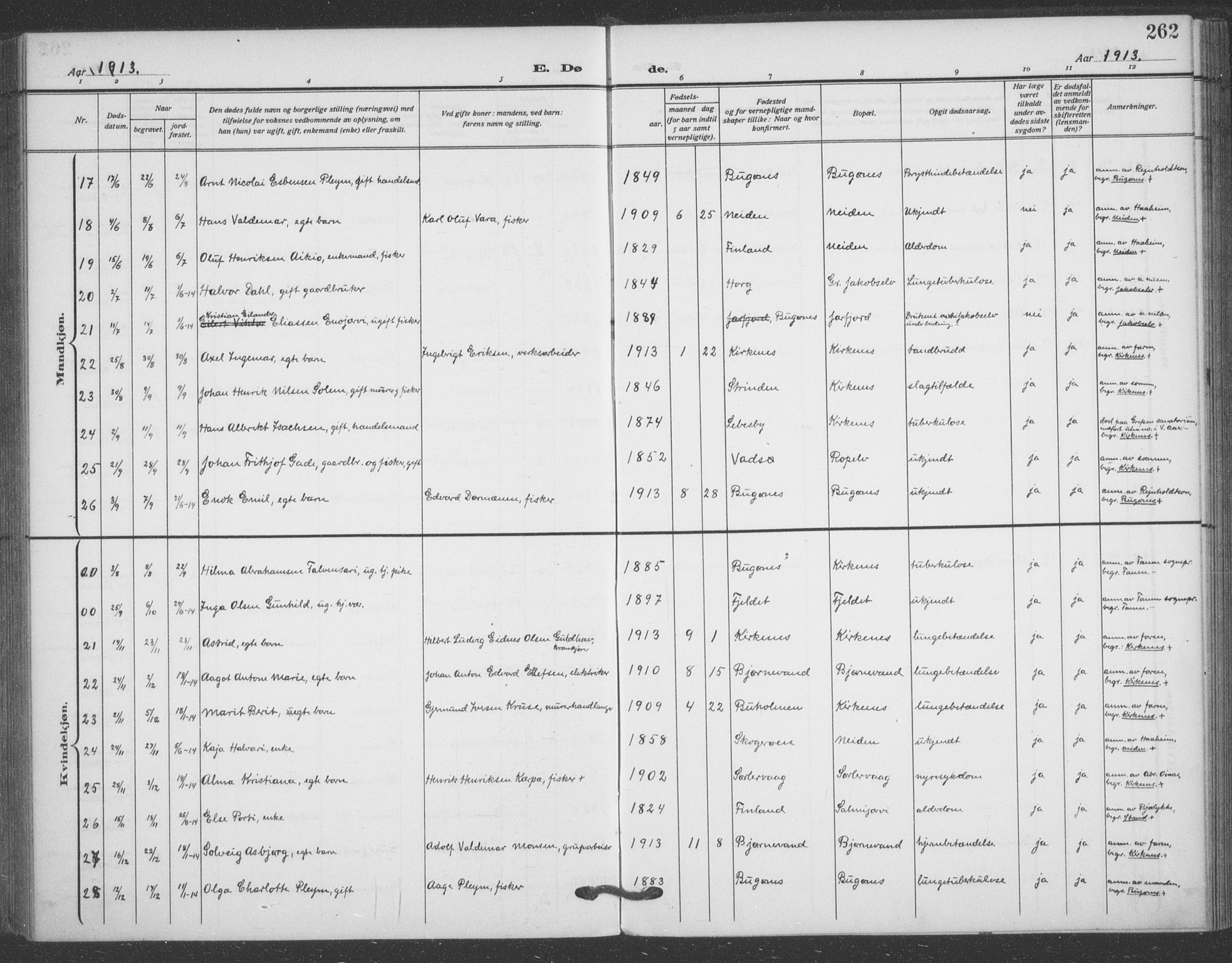 Sør-Varanger sokneprestkontor, AV/SATØ-S-1331/H/Ha/L0005kirke: Parish register (official) no. 5, 1909-1919, p. 262